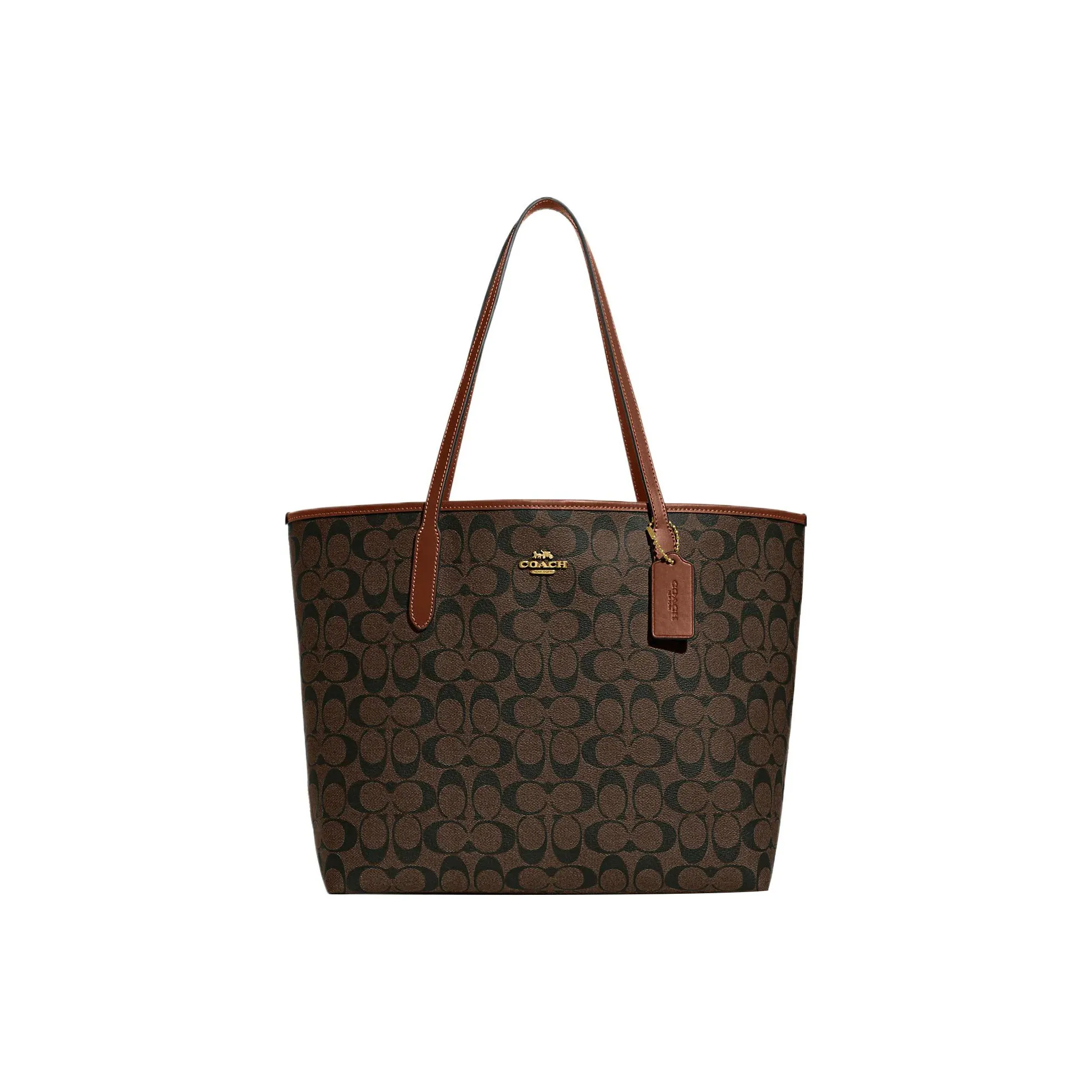 COACH City Canvas With Leather Tote Bag Shopping Bag Shoulder Bag Handbag Large Size Women's Brown & Redwood