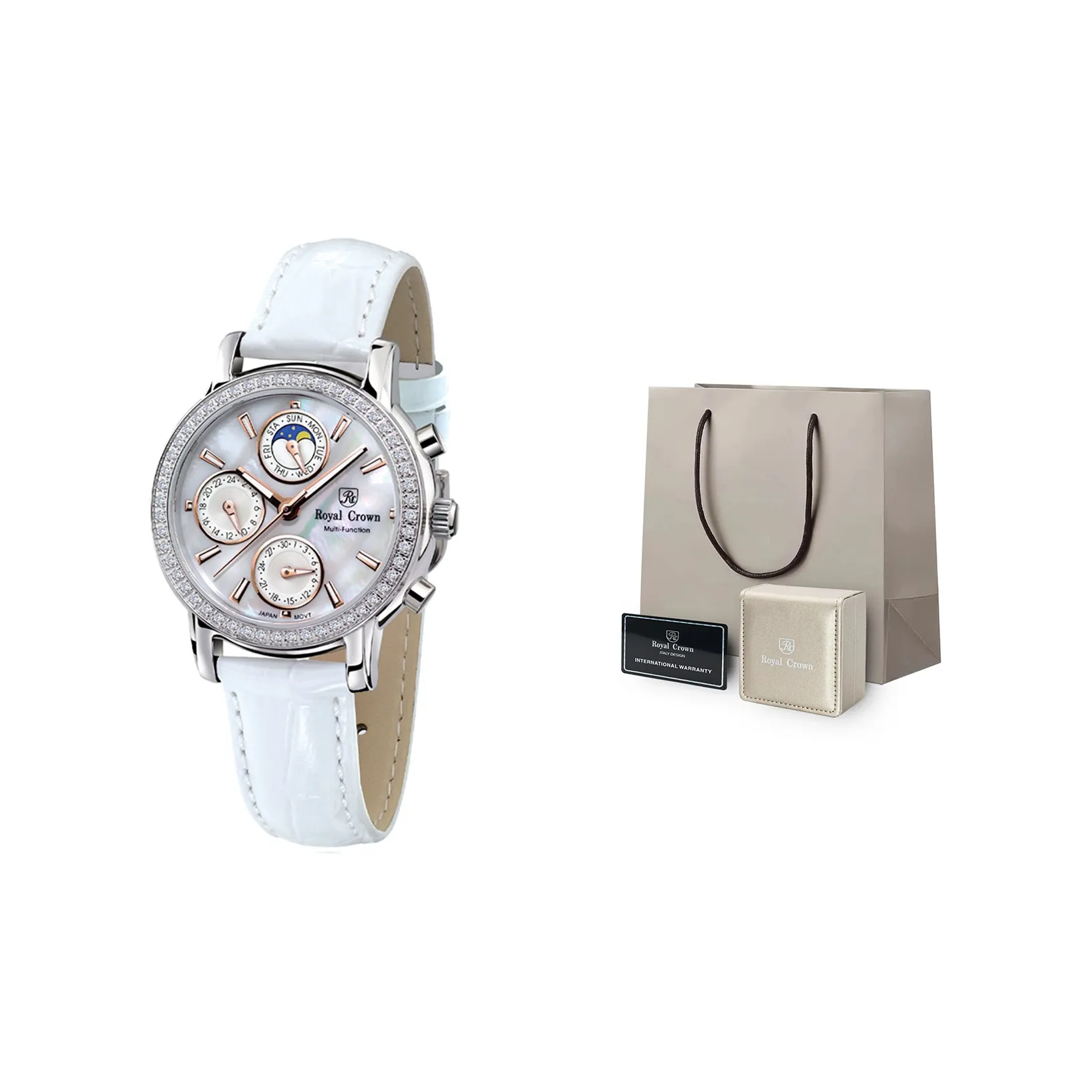 ROYAL CROWN RC Кварцевый механизм ремень из натуральной кожи женские часы белый циферблат модель RC6420