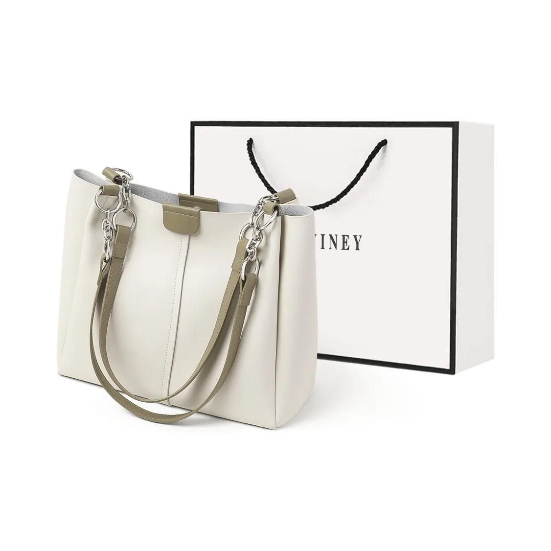 VINEY Коровья кожа Тоут Сумка Сумка для покупок Сумка на плечо Большая Женская Белая и Зеленая