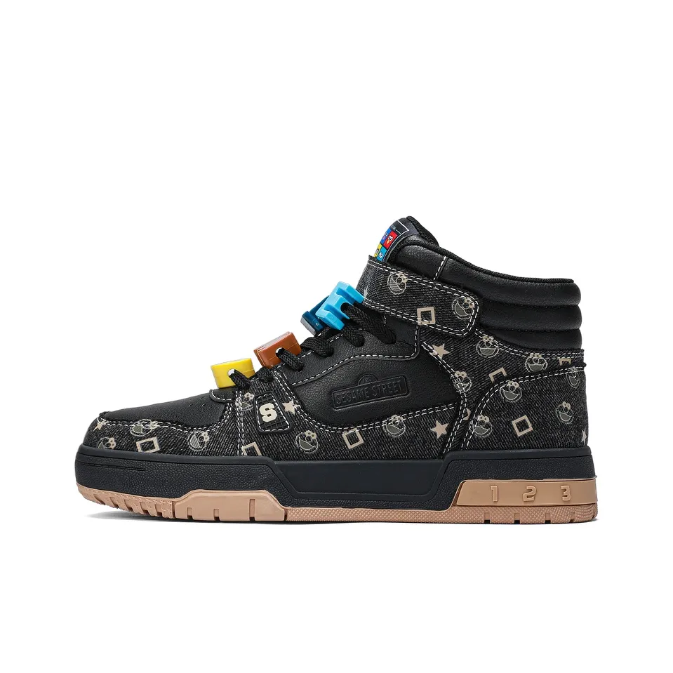 SESAME STREET Skateboard Shoes Unisex High Top Black & White/Denim Blue/Beige Apricot/Black