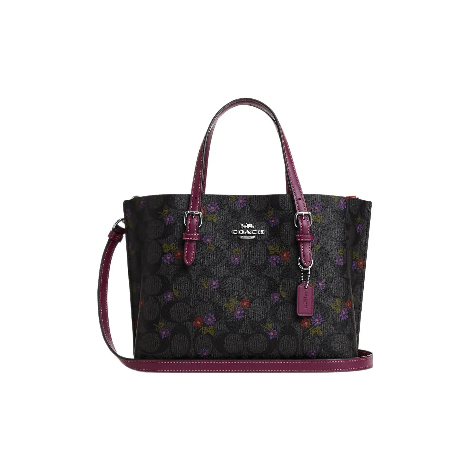 COACH Mollie Coated Canvas With Leather Tote Bag Shopping Bag Handbag Medium Size Women's Silver/Graphite/Dark Berry