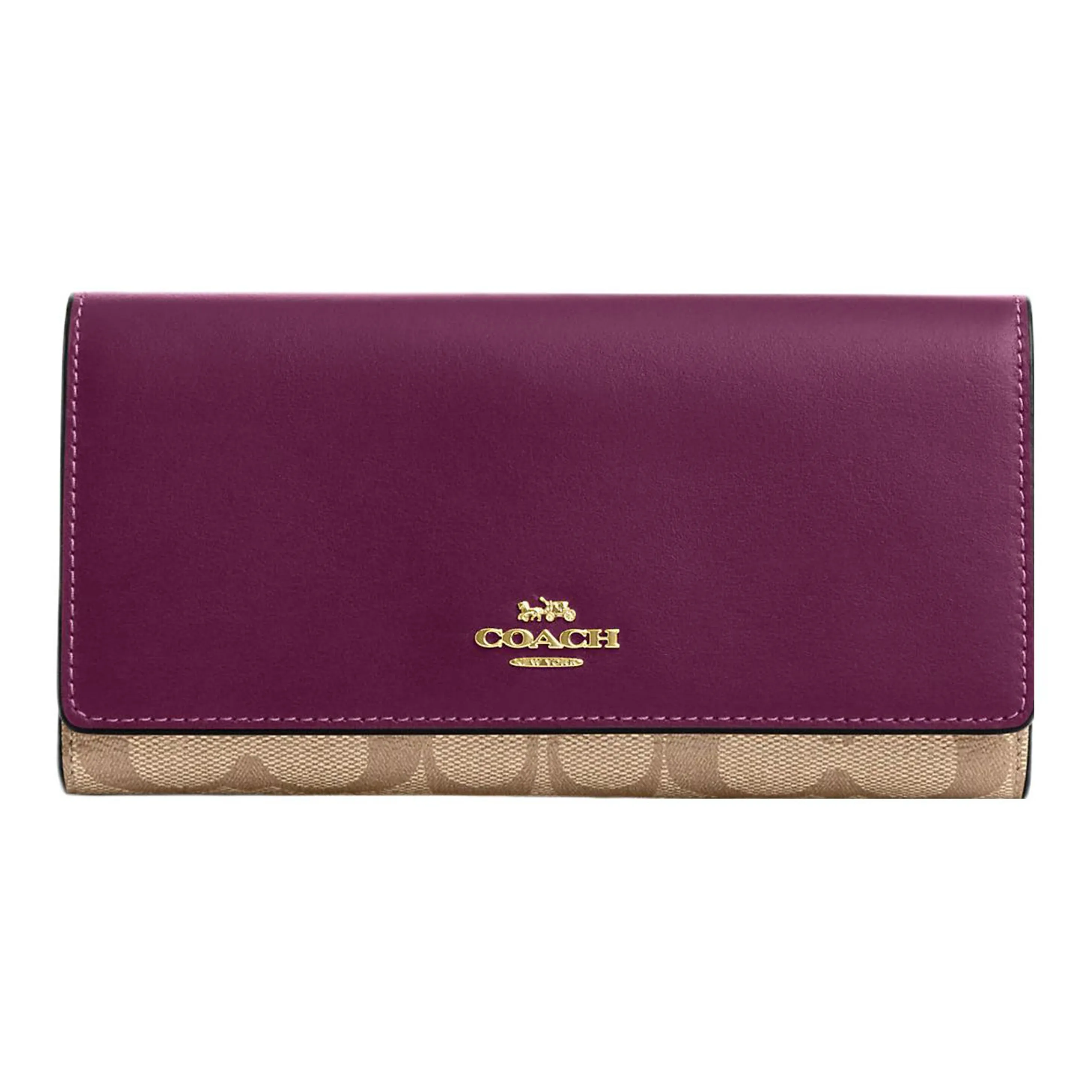 COACH Trifold Wallet Canvas With Leather Coin Purse Wallet Trumpets Women's Khaki & Berry