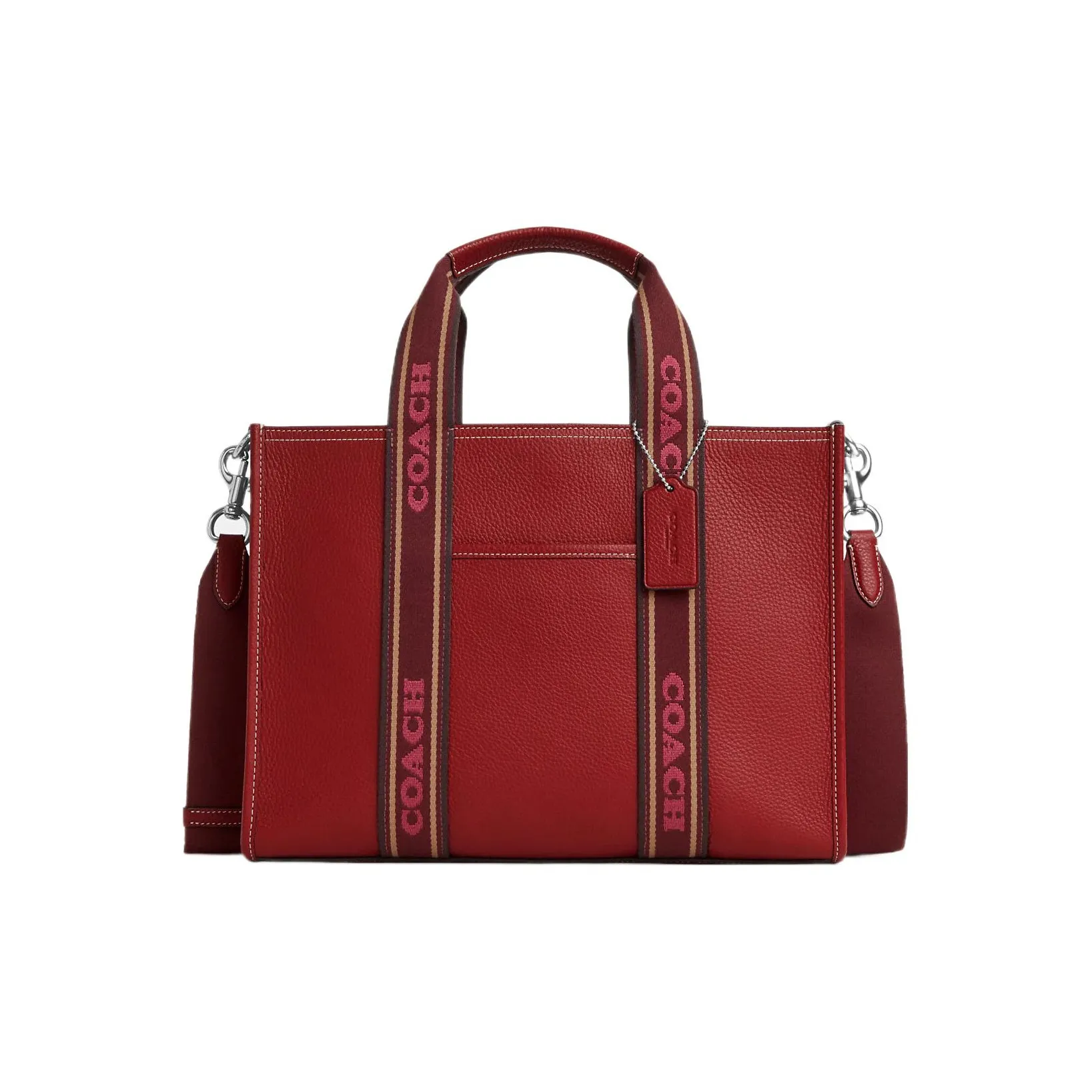COACH Pebbled Leather Tote Bag Shopping Bag Shoulder Bag Handbag Large Size Unisex Silver/Red Multicolor