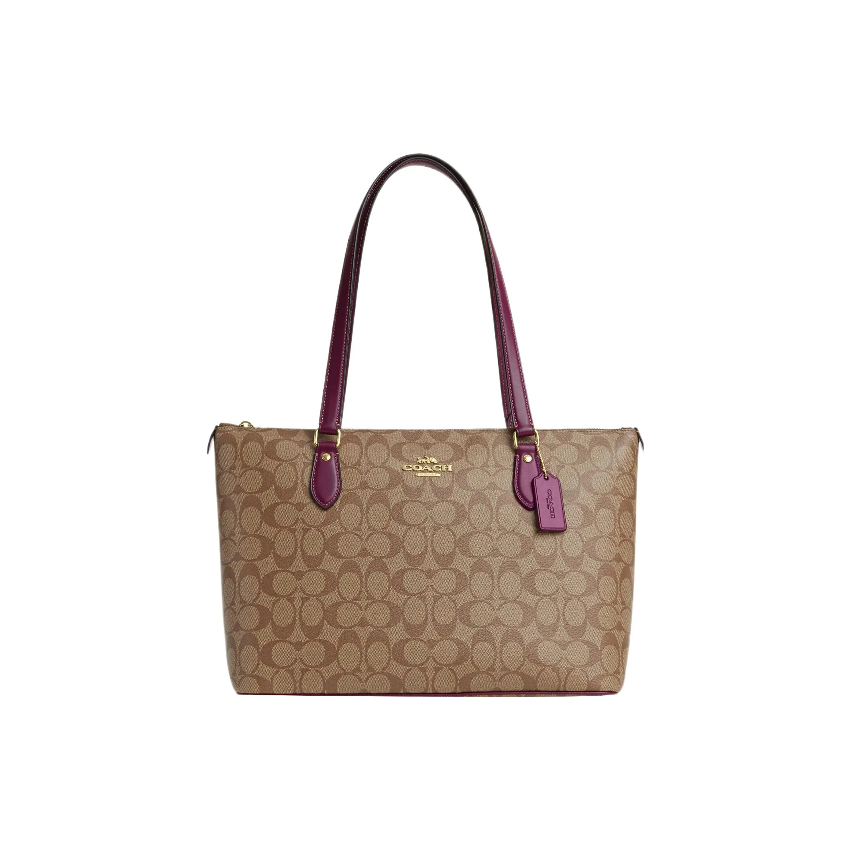 COACH Gallery Canvas With Leather Tote Bag, Shopping Bag, Shoulder Bag, Handbag Women's Khaki & Berry