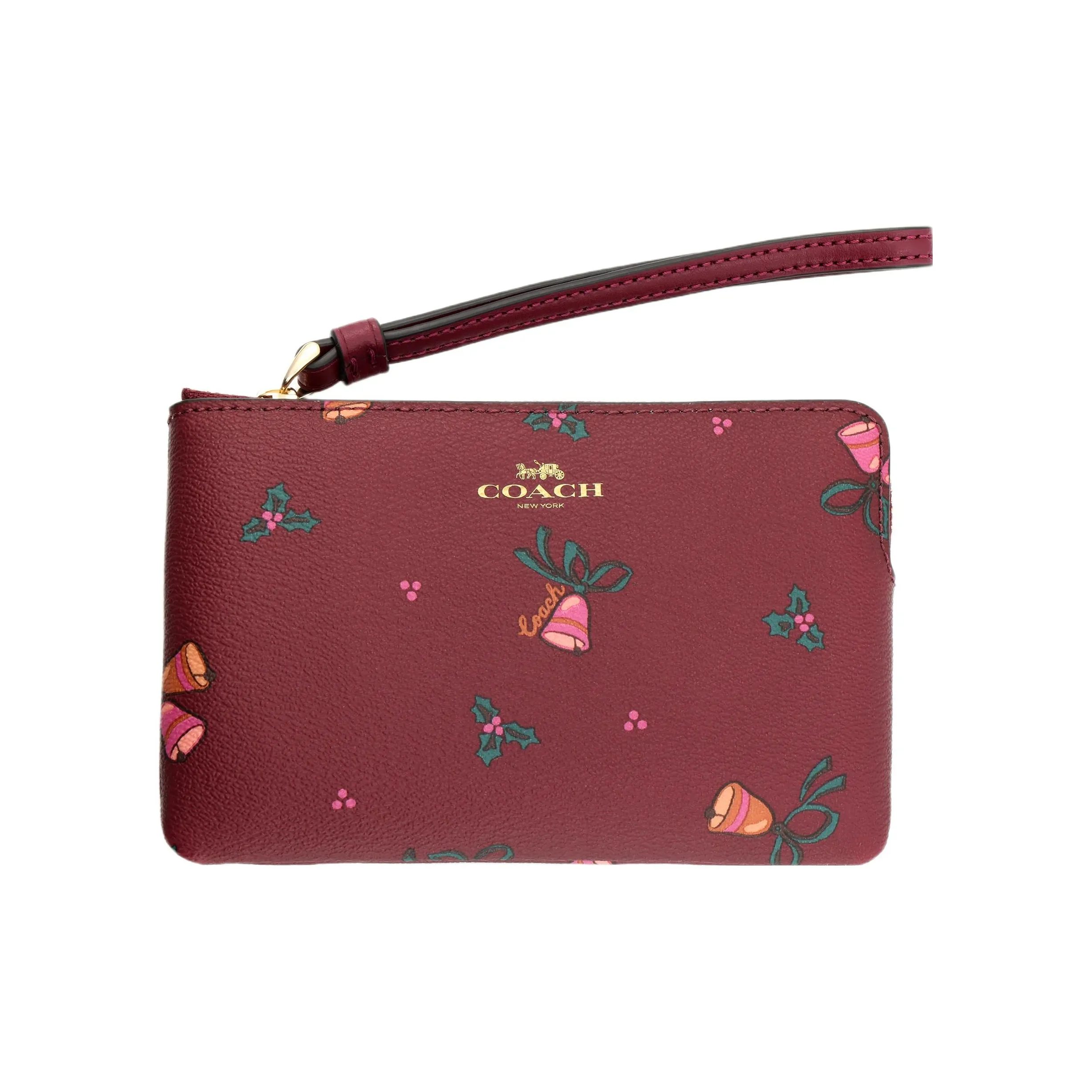 COACH Corner Zip Coated Canvas With Leather Wrist Bags Clutches Small Size Women's Cherry Red