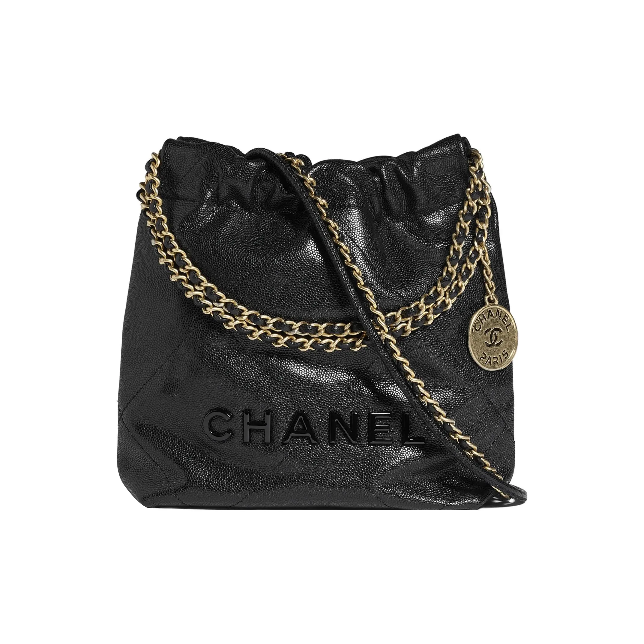 CHANEL 22Bag Shiny Grain Embossed Calfskin & Metal Bucket Bag, Shoulder Bag, Crossbody Bag Mini Women's Black