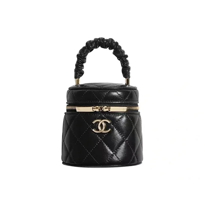 CHANEL Lambskin Handbag, Makeup Bag, Includes Makeup Mirror Trumpets Women's Black