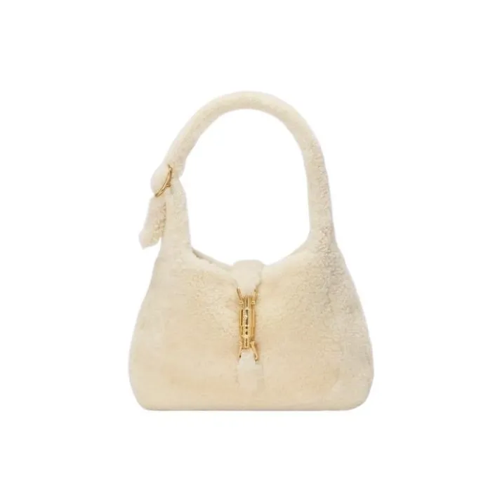 GUCCI Jackie 1961 Shearling Crescent Bag, Shoulder Bag, Handbag, Shoulder Bag Trumpets Women's White