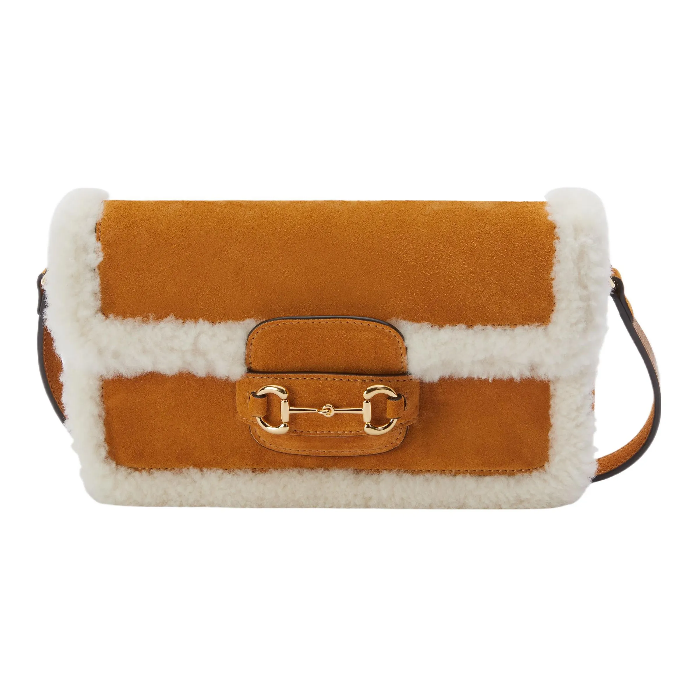 gucci yellow Horsebit 1955 Suede With Shearling Handbag Shoulder Bag Women's Light Brown