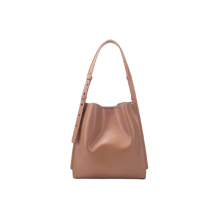 BAMPO Top Grain Cow Leather Bucket Bag, Portable Crossbody Bag, Shoulder Bag Medium Size Women's Tea Brown