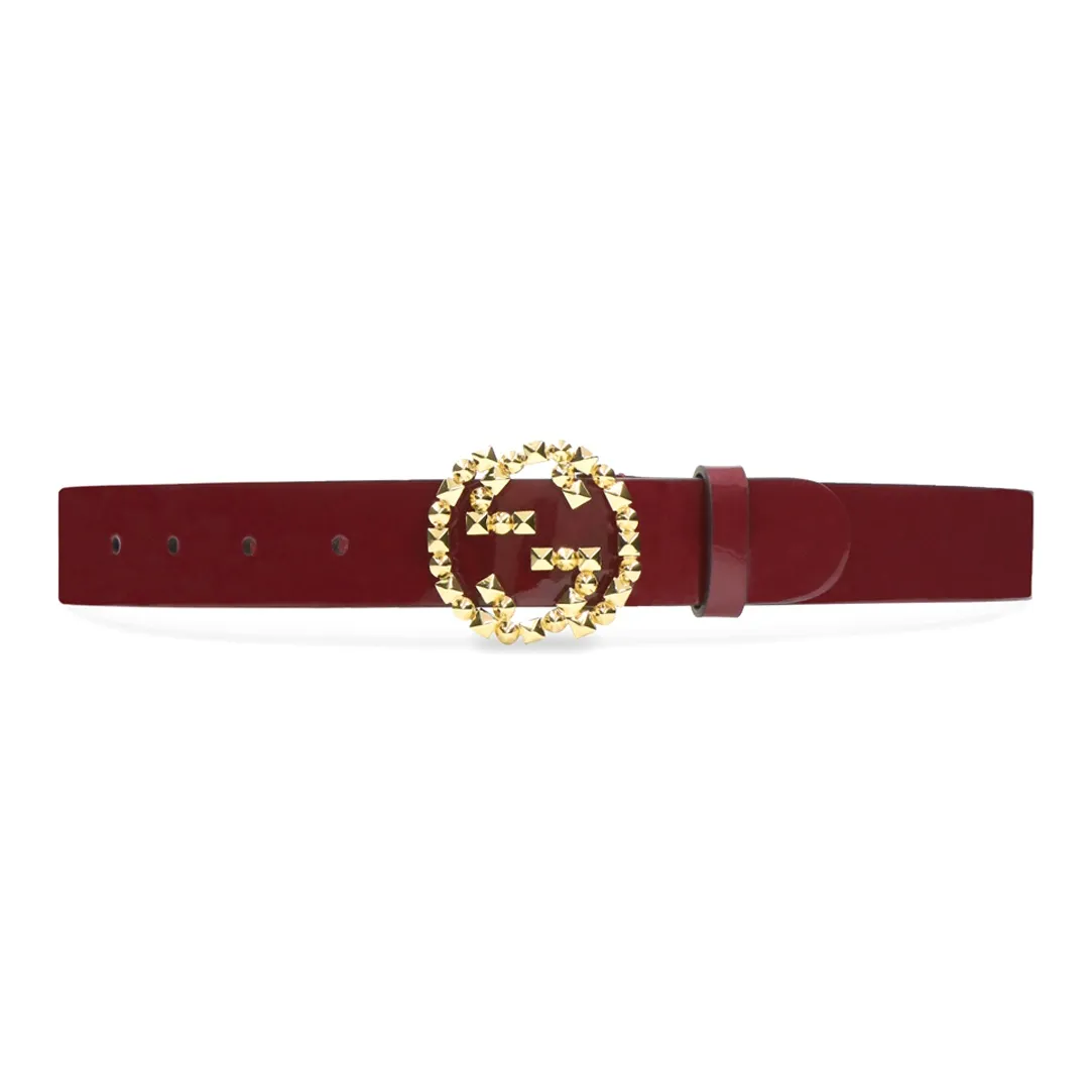 GUCCI Stud Double G Decoration Smooth Buckle Leather Belts Women's Burgundy Width  3cm
