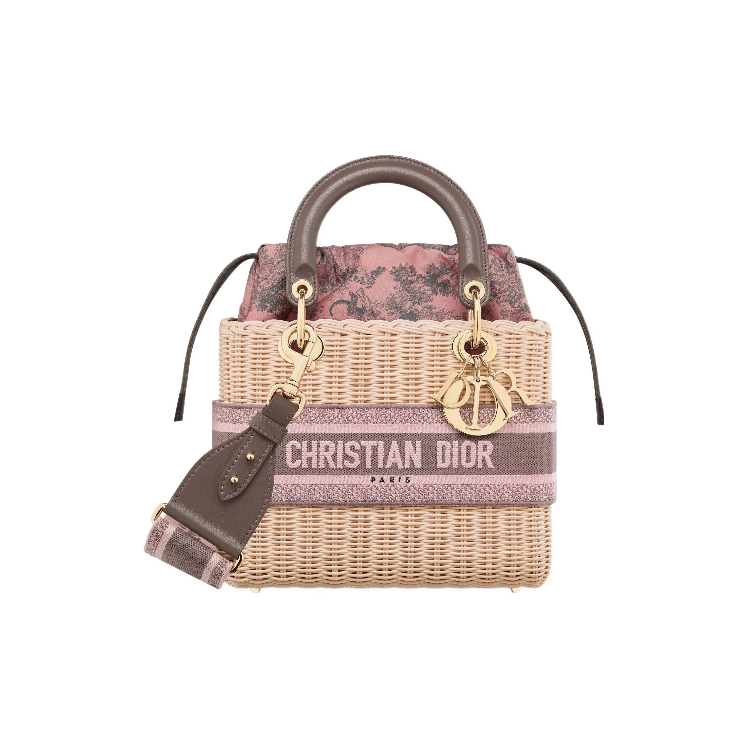 DIOR Lady Dior Natural Wicker Cotton Canvas Shoulder Bag, Crossbody Bag, Handbag Medium Size Women's Pink & Gray