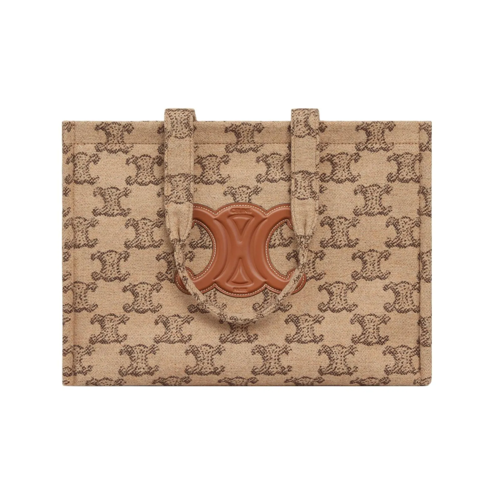 CELINE Triomphe Fabric With Calfskin Tote Bag, Shopping Bag, Handbag Tubas Women's Camel