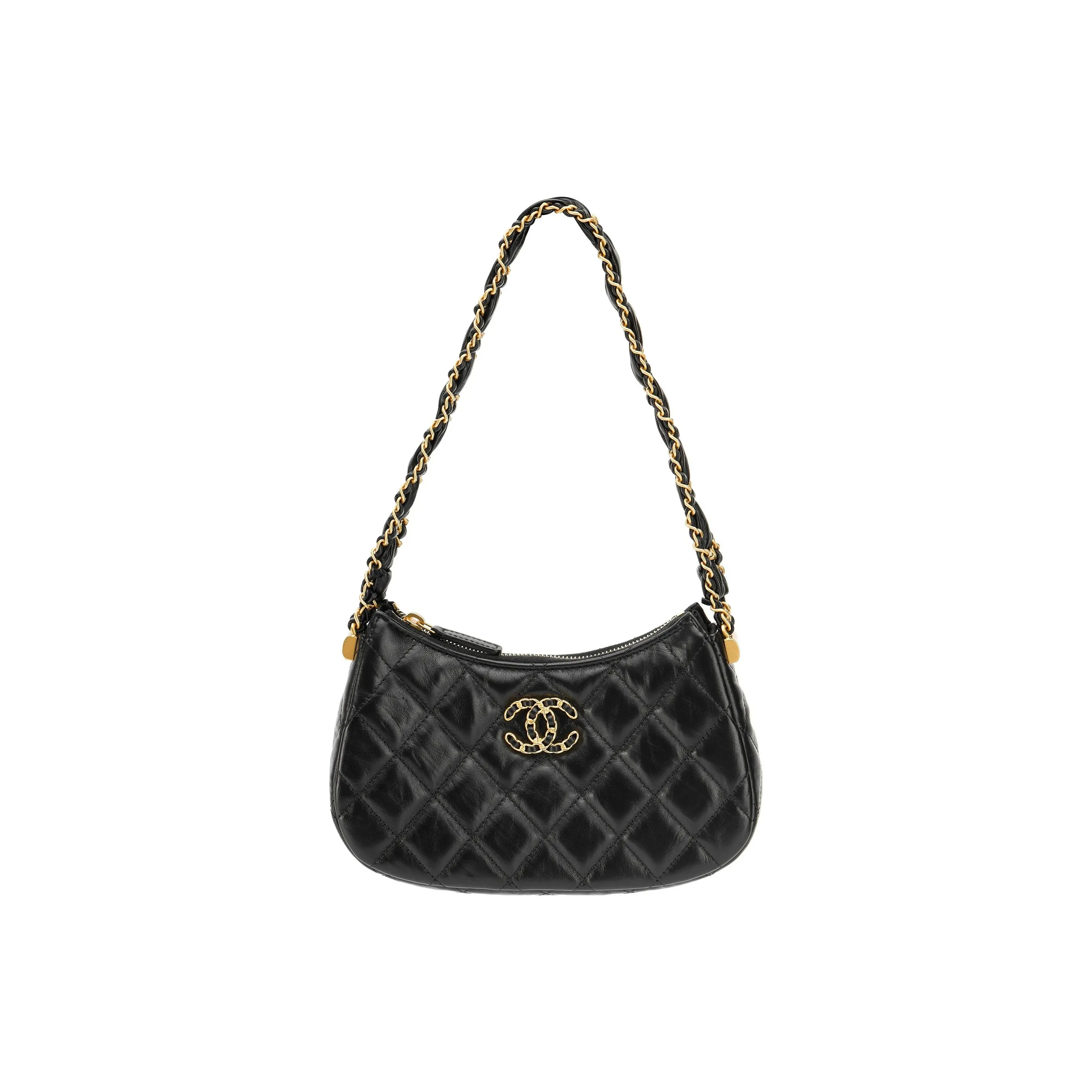 CHANEL Cow Leather Shoulder Bag, Hobo Bag, Handbag Trumpets Women's Black