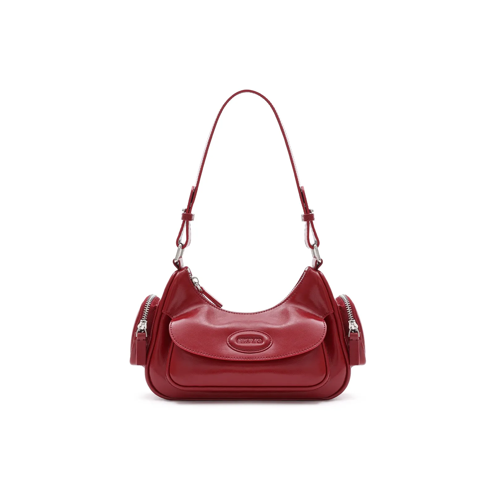 MUVA Cowhide Split Leather Crescent Bag, Shoulder Bag Medium Size Women's Twilight Black/Lunar Rock Silver/Party Red