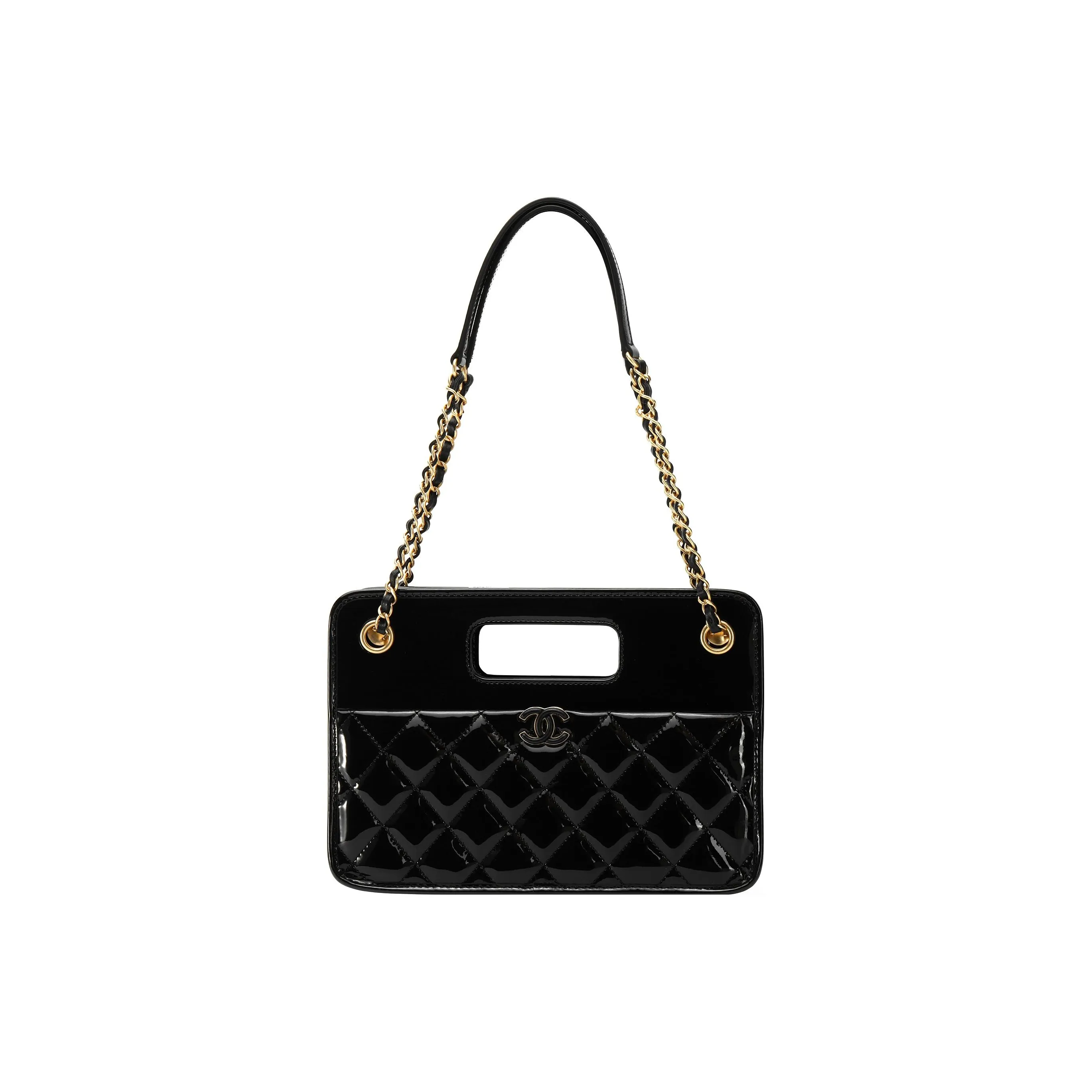 CHANEL 23P SS Patent Calfskin Tote Bag Shopping Bag Shoulder Bag Crossbody Bag Handbag Small Size Women's Black