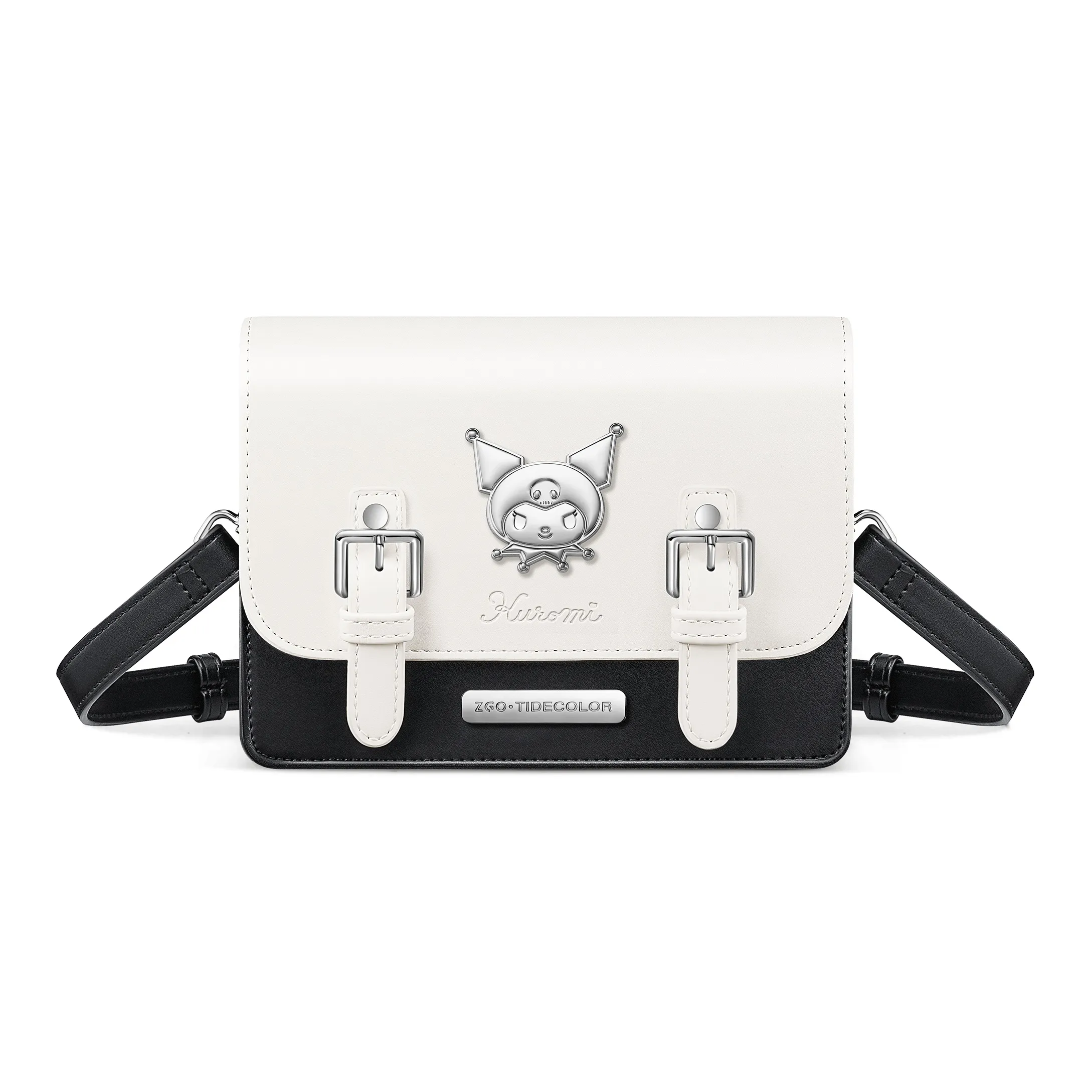 Zgo Sanrio Kuromi Collection PU Cambridge Shoulder Bag Crossbody Messenger Bag Women's Black White/Purple White