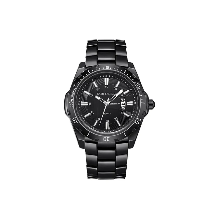 Katie Ermilio Наручные часы Кварцевый механизм Стальной ремешок 44 мм Черный циферблат Мужские часы