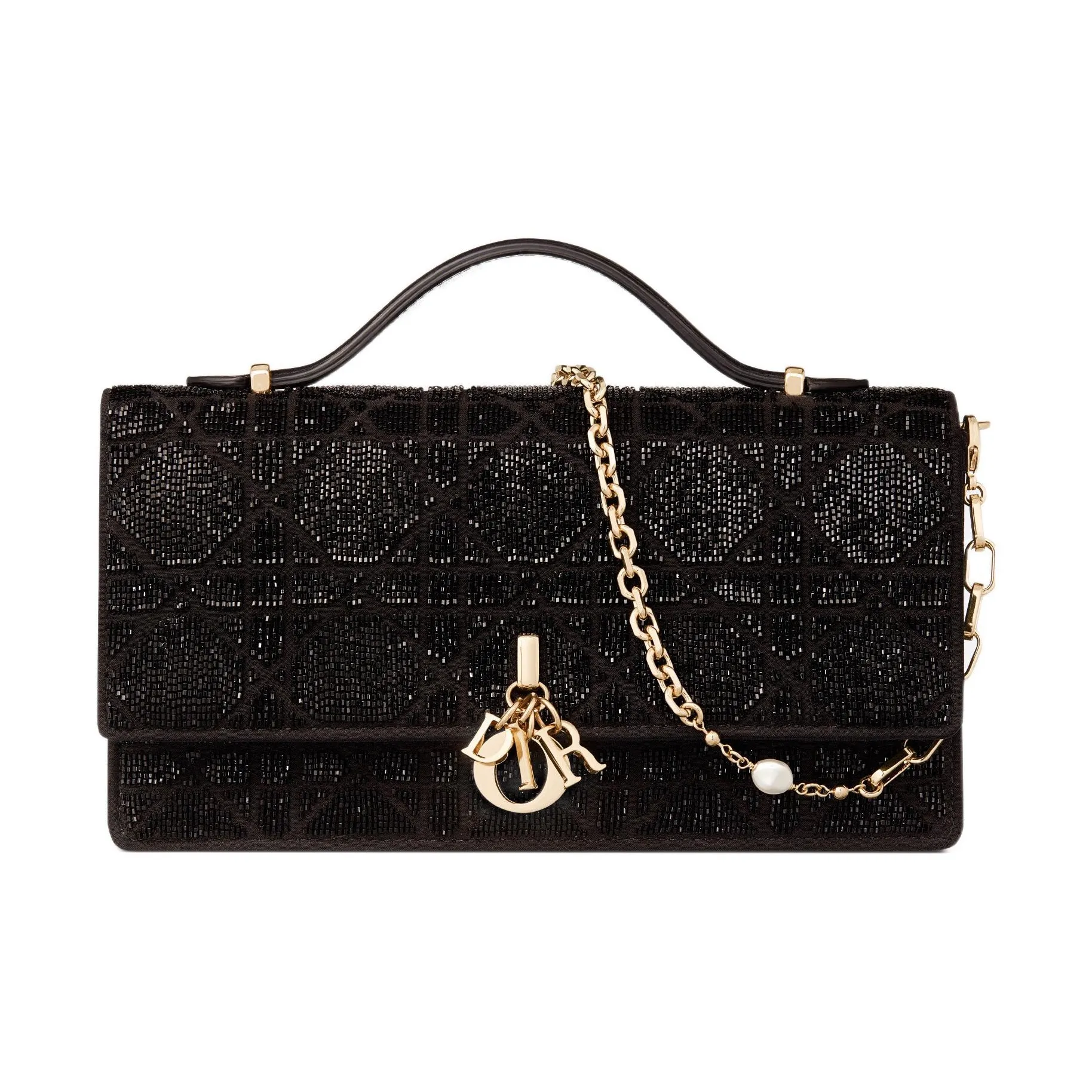 DIOR Cotton Beaded Embroidery Shoulder Bag, Crossbody Bag, Handbag Mini Women's Black