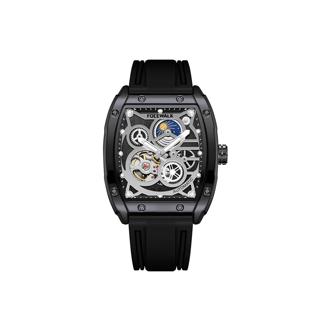 FOCEWALK Aurora Механическое устройство Силиконовый ремешок Часы Мужские Часы Силиконовый ремешок Черепный циферблат