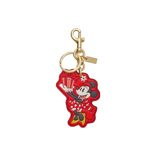 COACH Disney Collaboration Smooth Leather Bag Decor Key Ring Bag Accessory Unisex Gold & Electric Red