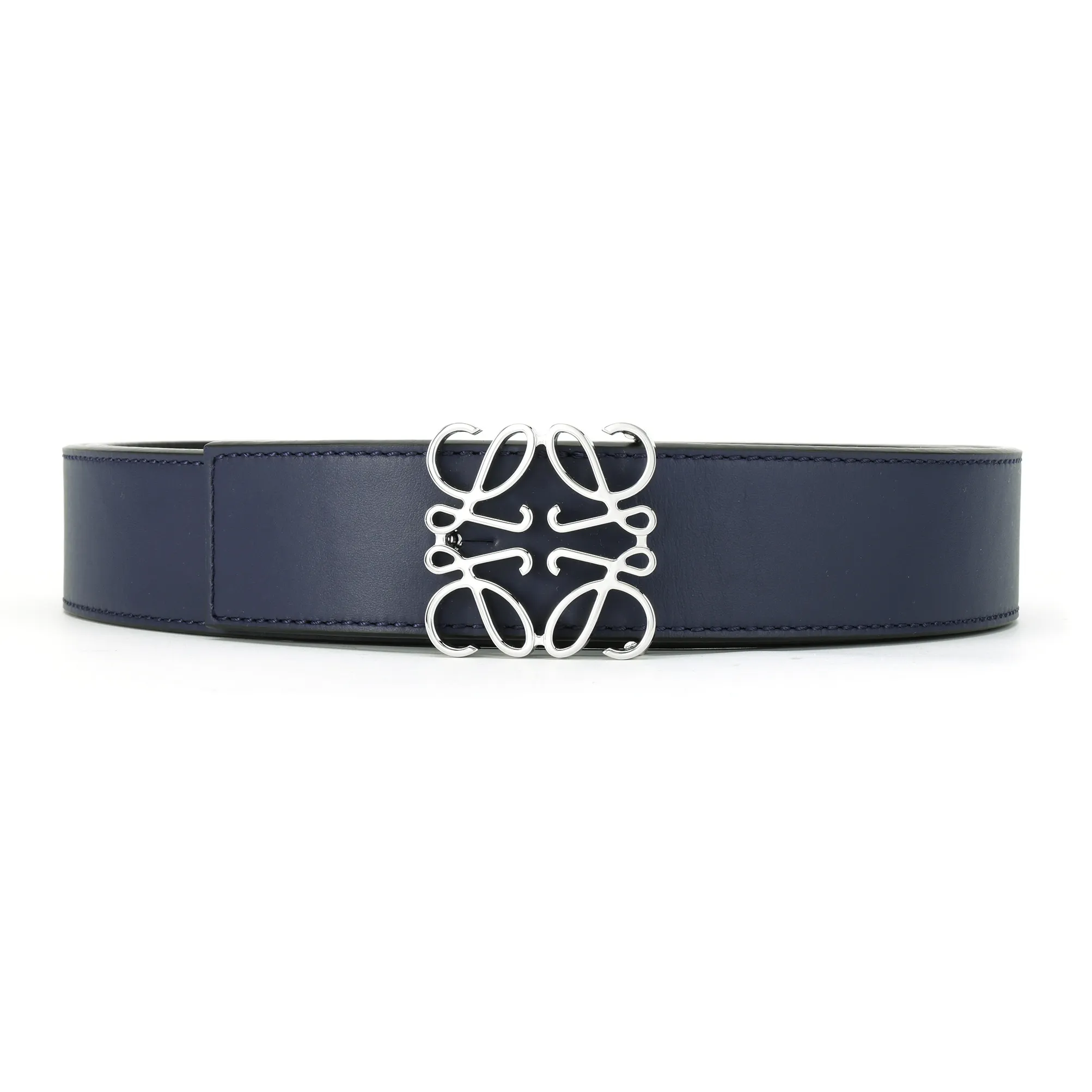 LOEWE Anagram Cow Leather Belts Men's Blue Black Silver 3.5cm