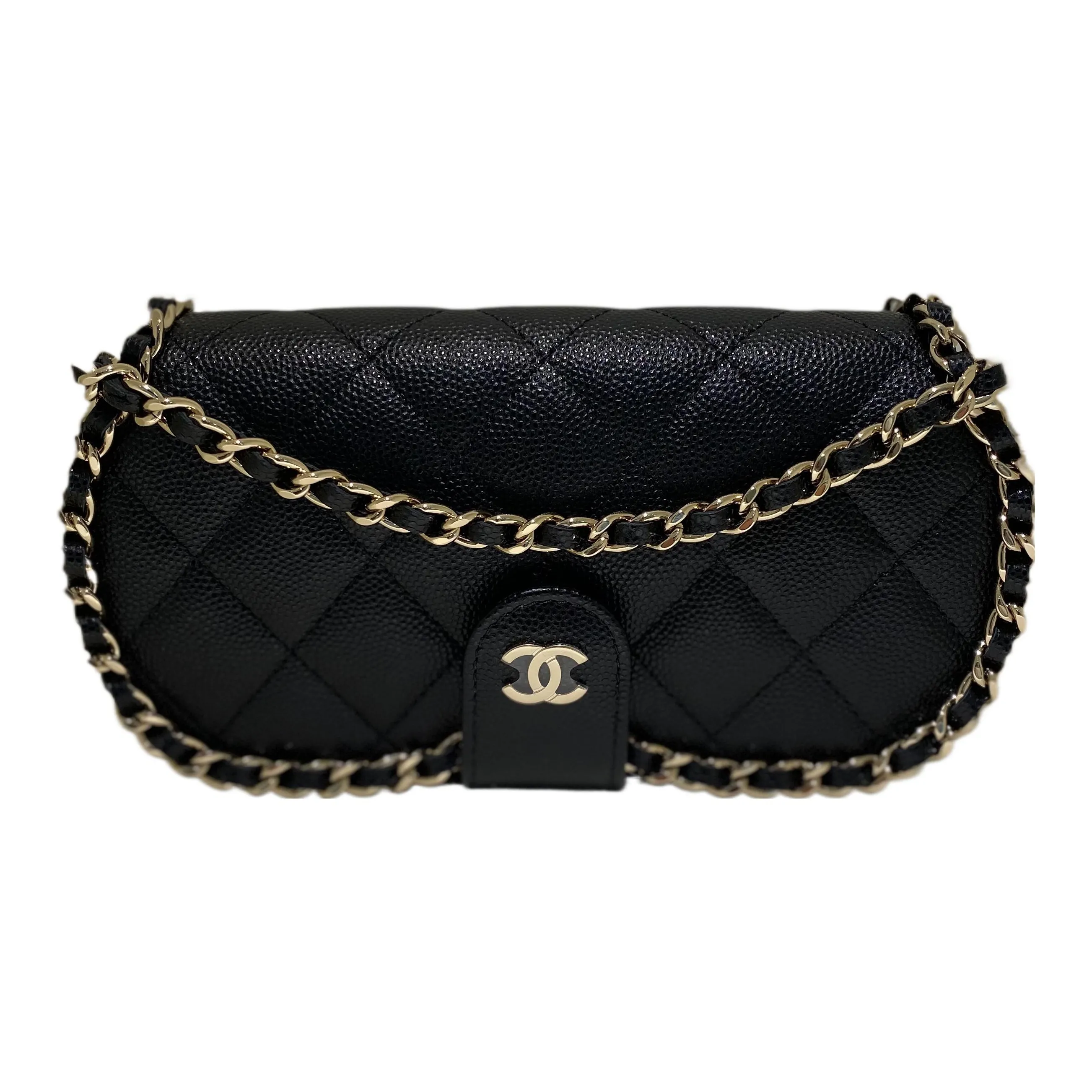 CHANEL 22P Grain Cow Leather One Shoulder Crossbody Eyeglass Pouch Small Size Women's Black