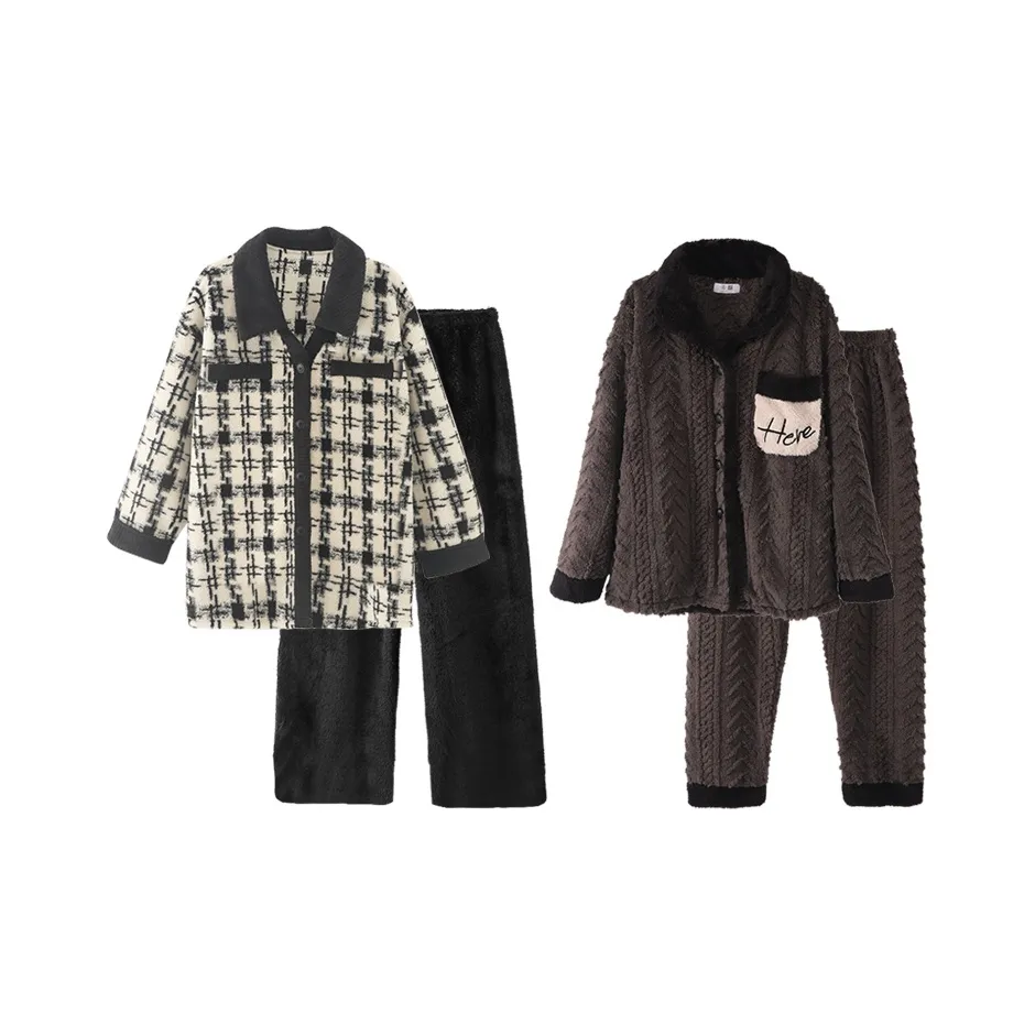 Chun Xi Пижамный комплект Унисекс Черный Белый Клетка Темный Умбра