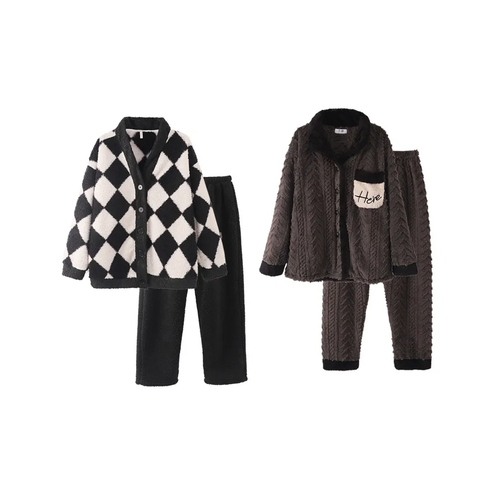 Chun Xi Пижамный комплект Унисекс Черный Белый Клетка Темный Умбра