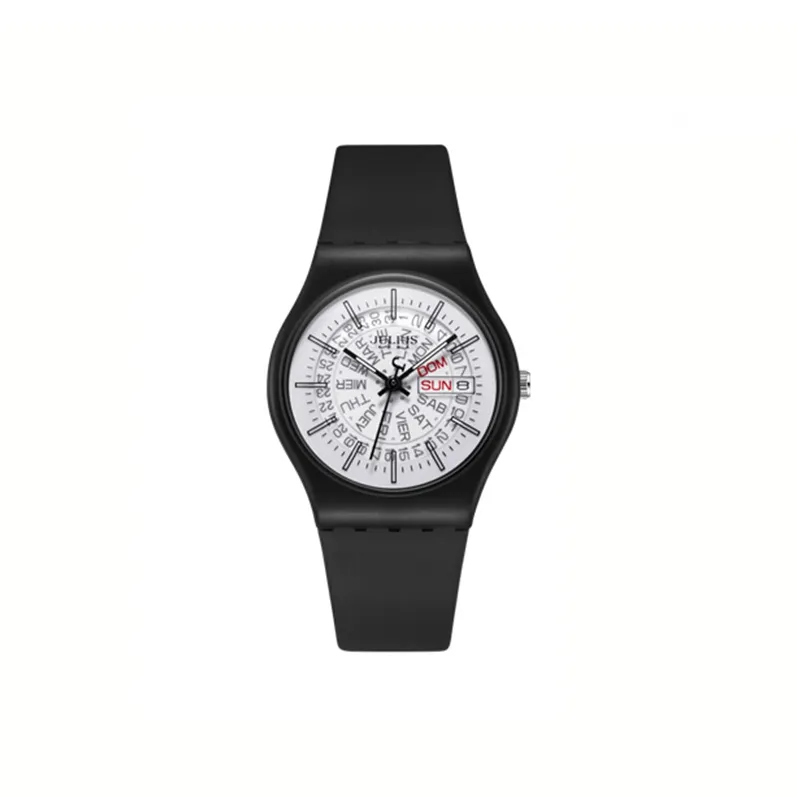 JULIUS JL Weekday Calendar Transparent Watch Dial Кварцевый механизм Смольный ремешок Часы Унисекс Белый циферблат