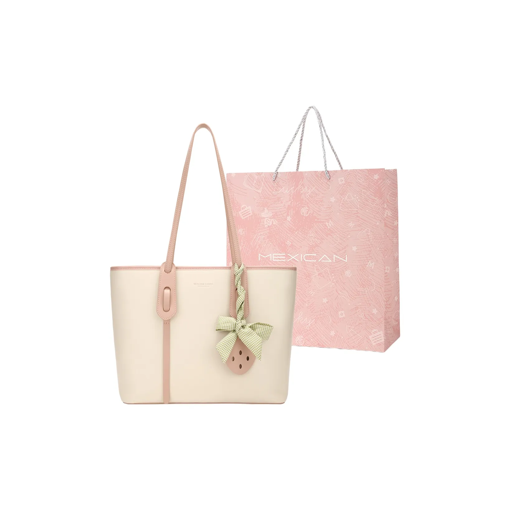 MEXICAN Polyurethane Tote Bag, Shopping Bag, Shoulder Bag Women's Ecru & Apricot/Ecru & Pink/Ecru & Green