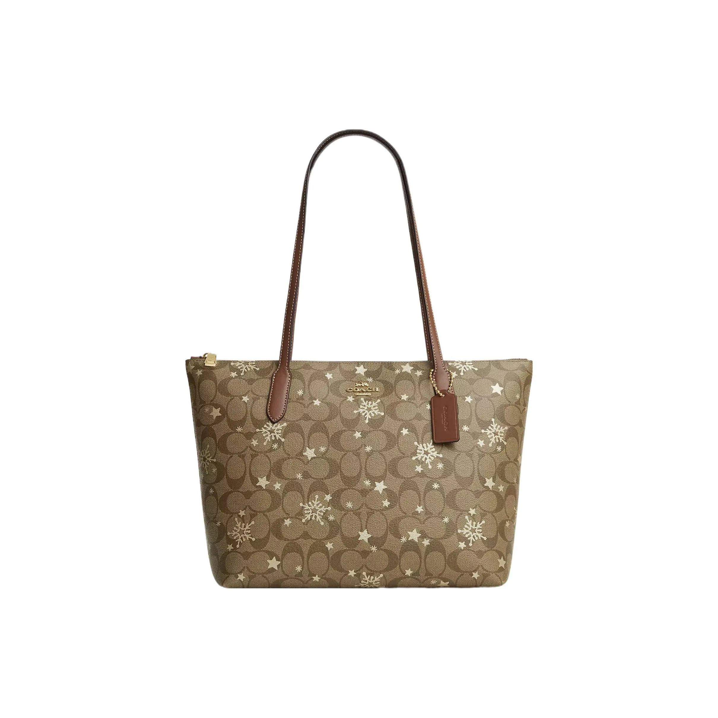 COACH Zip Top Tote Leather Tote Bag, Shopping Bag, Shoulder Bag Women's Khaki