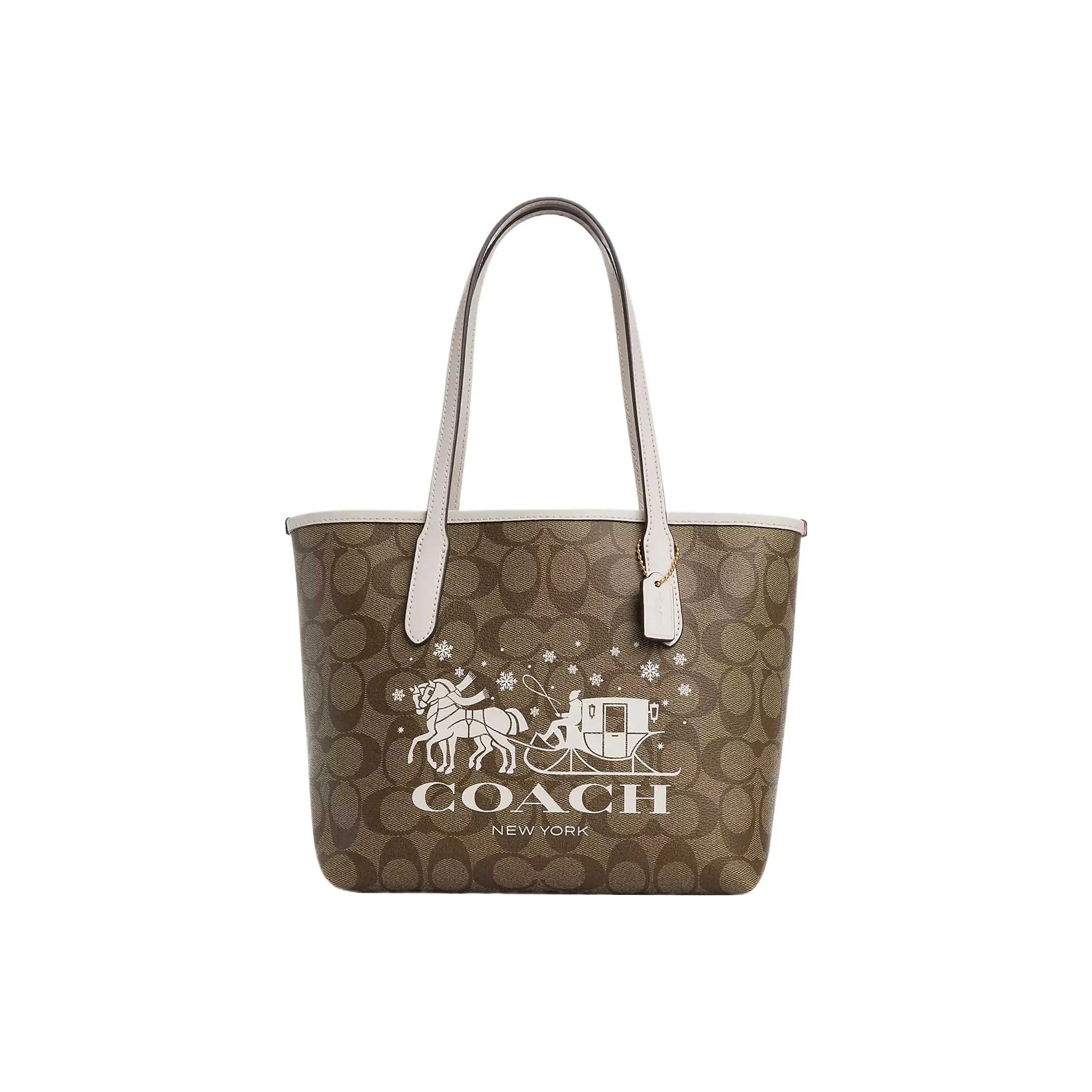 COACH City Coated Canvas With Smooth Leather Tote Bag, Shopping Bag, Handbag Mini Women's Khaki