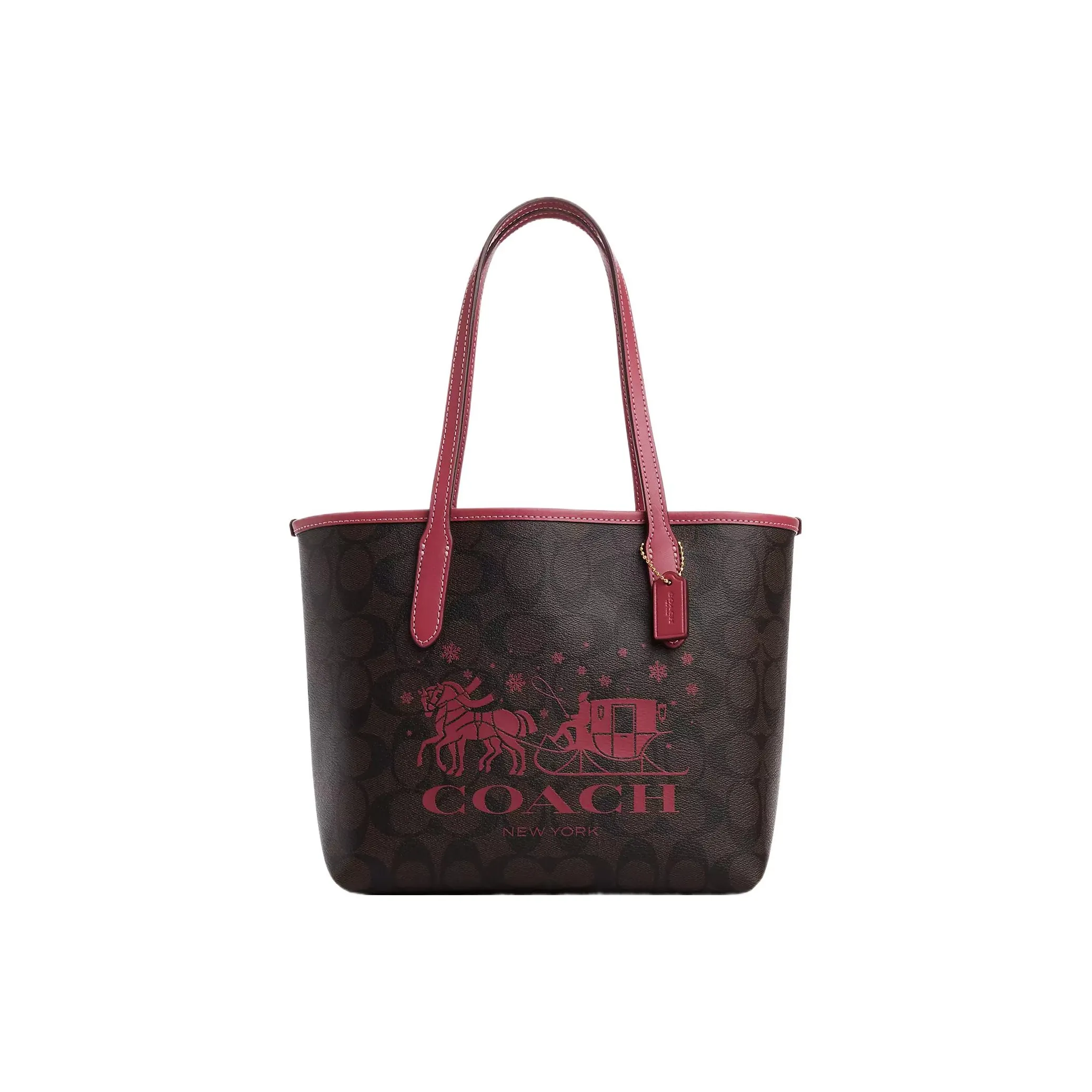 COACH City Coated Canvas With Smooth Leather Tote Bag, Shopping Bag, Handbag Regular Women's Brown & Red