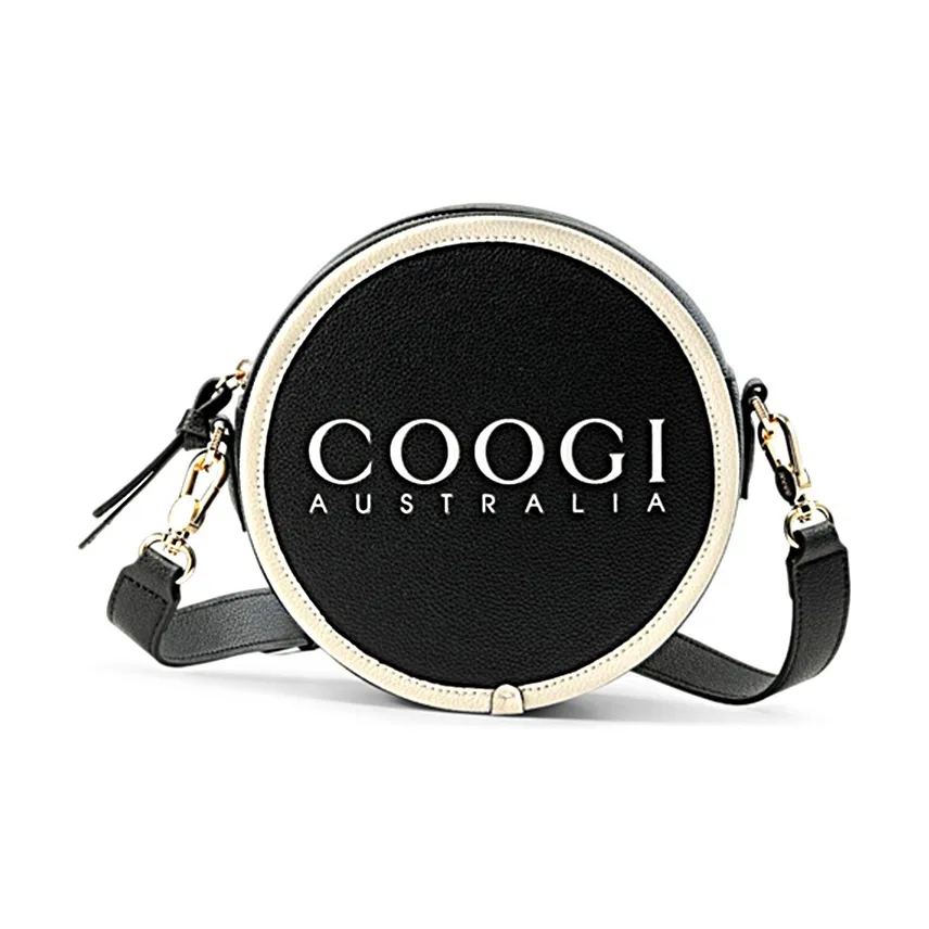 COOGI Коровья кожа Маленькая круглая сумка через плечо Маленькая женская Черный Экрю