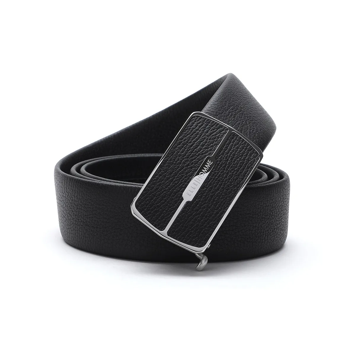 ELLE HOMME Belt With Automatic Buckle, Casual Top Grain Cow Leather Plated Steel Buckle Belt Men's Black Width 3.7cm