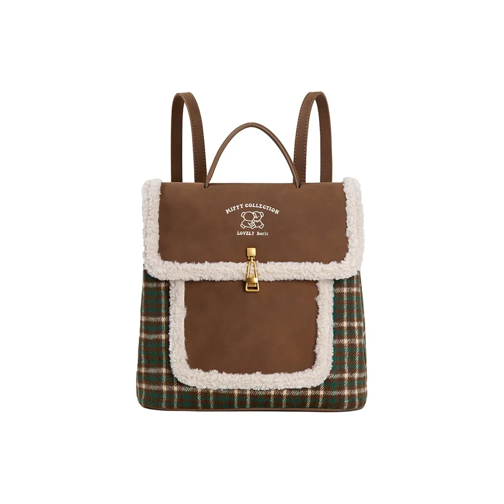 MIFFY Artificial Sheepskin with PU (Polyurethane) Portable Backpack Medium Women's Brown Light Brown MIFFY Искусственная овечья шерсть с ПУ (полиуретан) Портативный рюкзак Средний Женский Коричневый Светло-коричневый