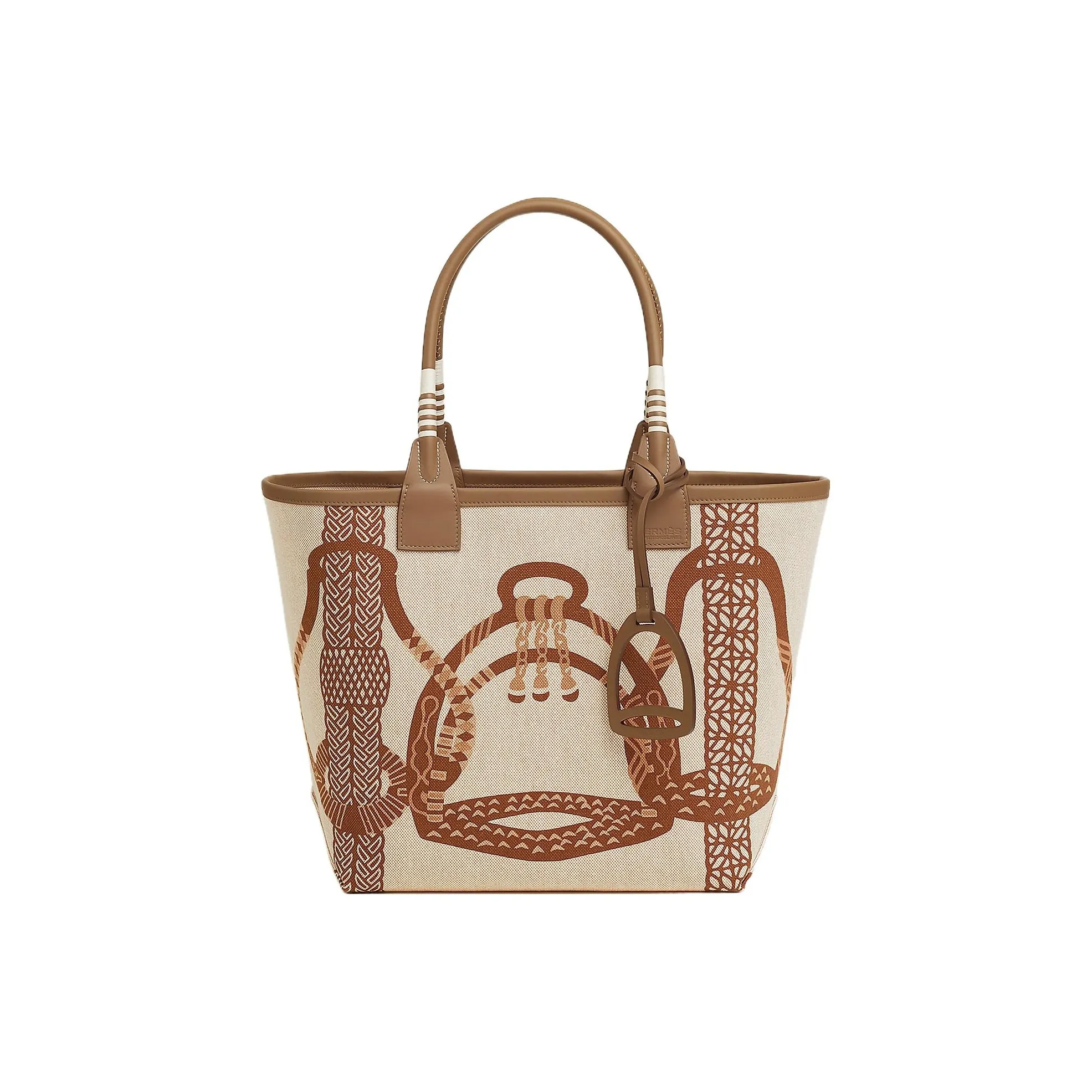 HERMES H Plume Canvas With Swift Calfskin Tote Bag, Shopping Bag, Handbag Women's Chestnut & Light Beige