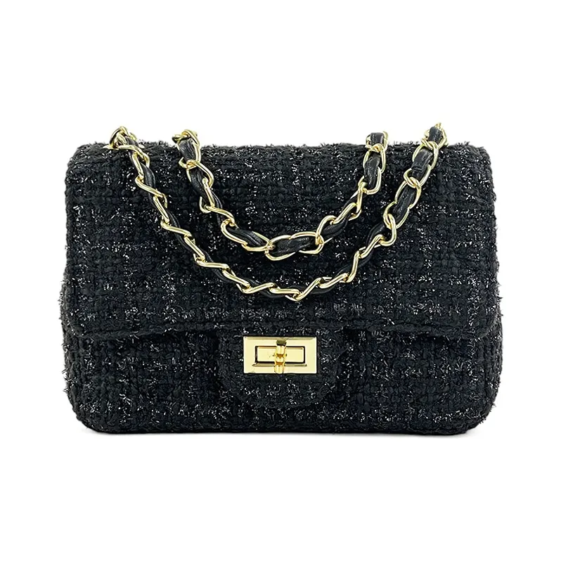 BGAY Yarn Woolen Small Square Bag Chain Bag Shoulder Bag Crossbody Bag Small Size Women's Black/Midnight Blue/Gold