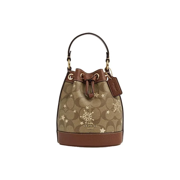 COACH Dempsey Coated Canvas With Shell Pattern Leather Bucket Bag Handbag Shoulder Bag Crossbody Bag Mini Women's Khaki
