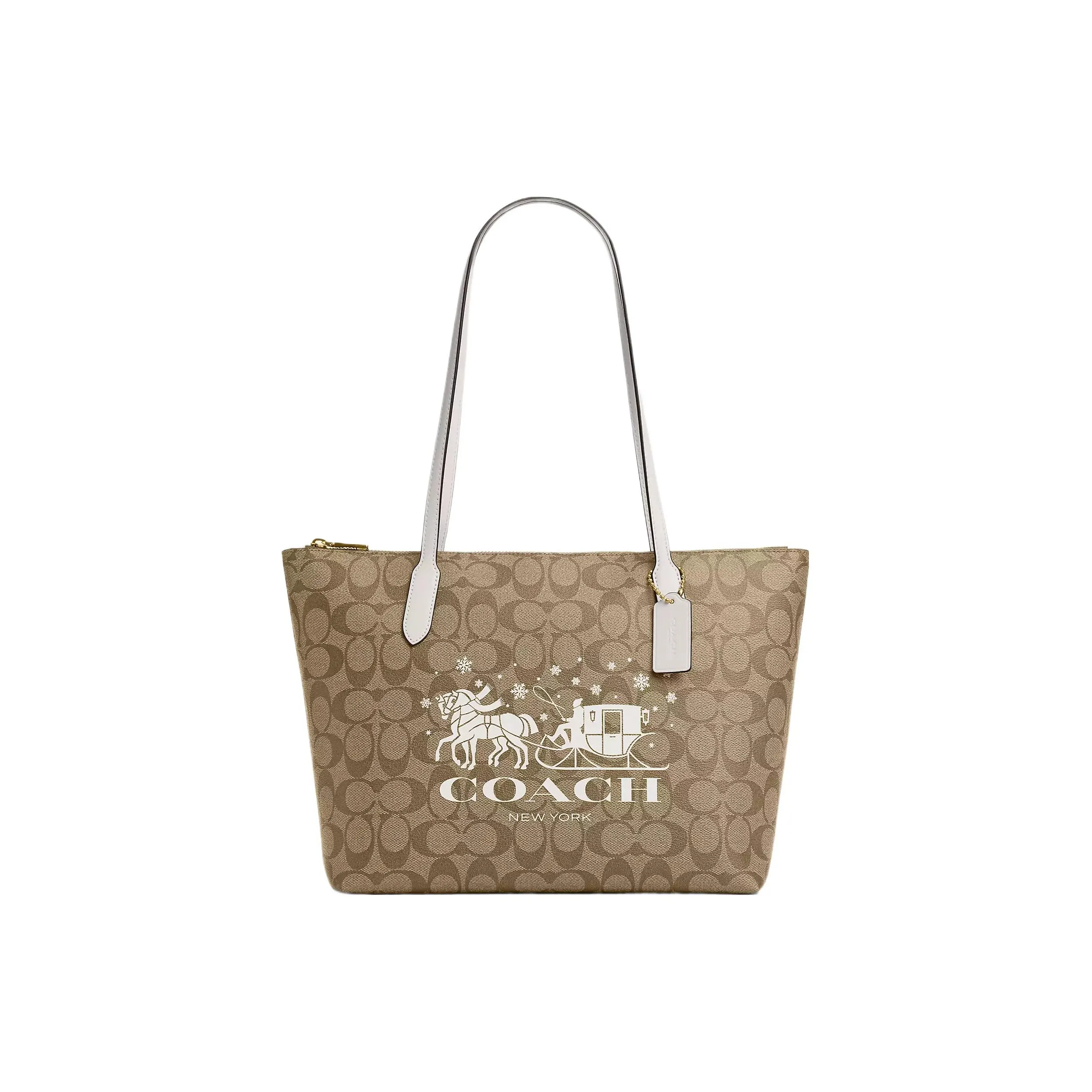 COACH Coated Canvas With Smooth Leather Tote Bag, Shopping Bag, Shoulder Bag, Handbag Tubas Women's Khaki