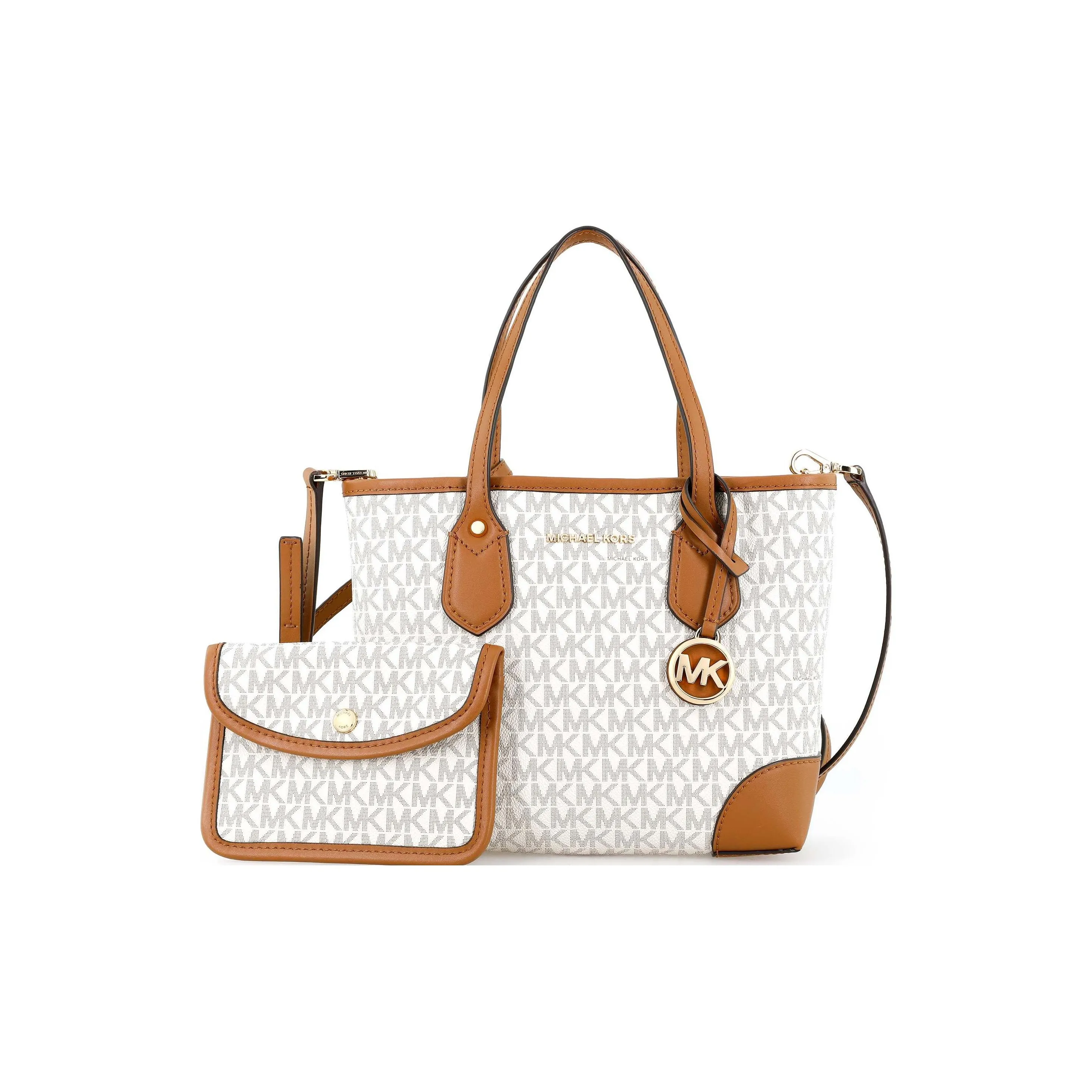 MICHAEL KORS Eva Leather Handbag, Tote Bag, Shopping Bag, One Shoulder Handbag Mini Women's White & Brown