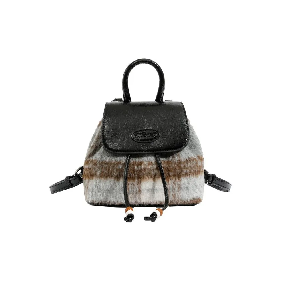 NOMK PU With Woolen Students Backpack Regular Women's Brown Check/Caramel