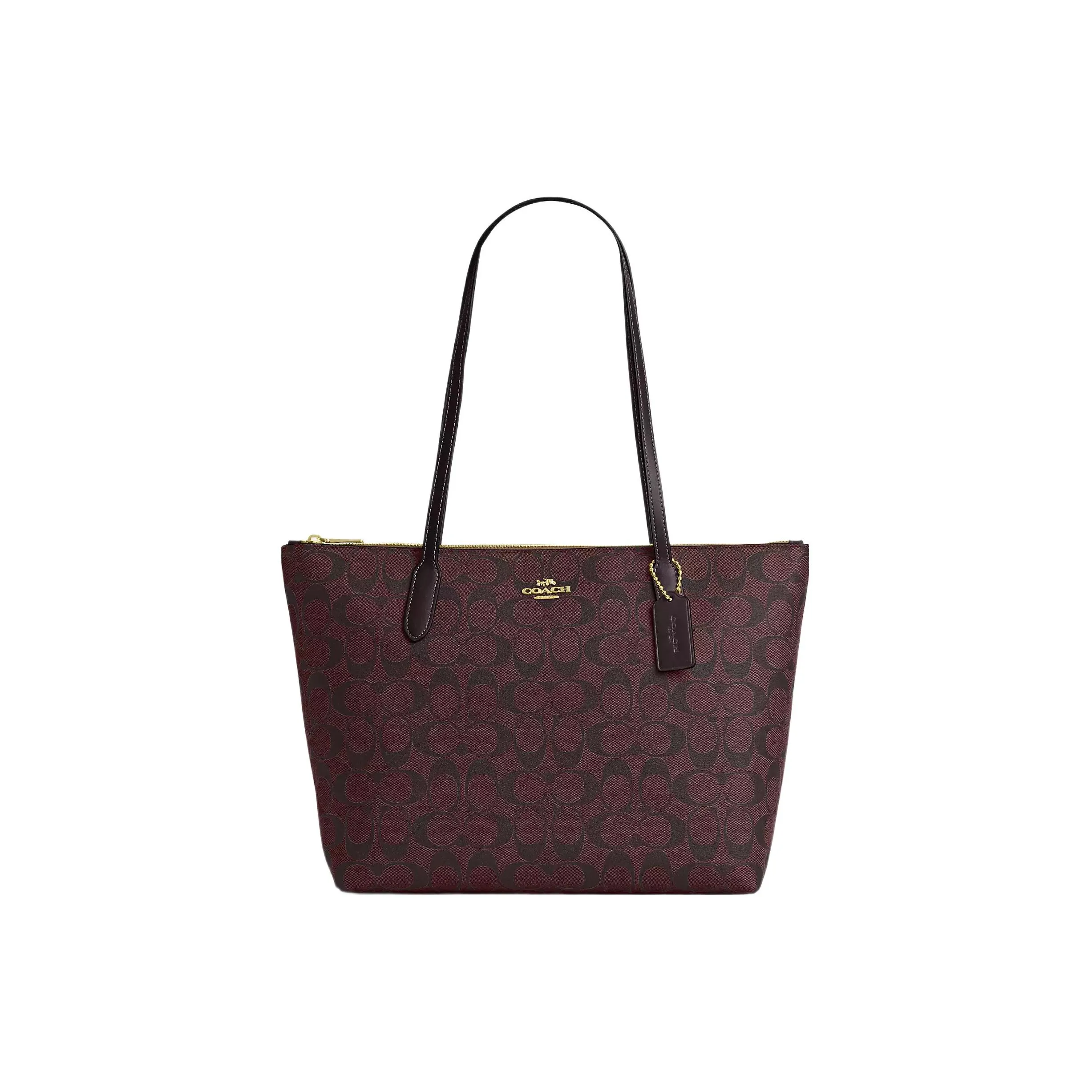 COACH Zip Top Tote Canvas With Leather Tote Bag Handbag Shoulder Bag Shopping Bag Large Size Women's Gold & Deep Red