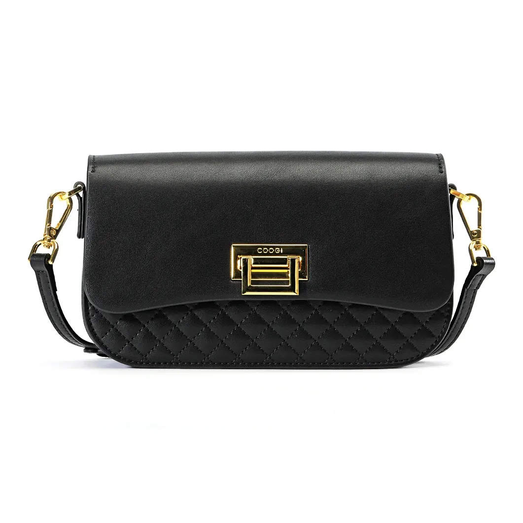 COOGI Cow Leather Shoulder Bag, Crossbody Bag Medium Size Women's Black/Ecru/Khaki