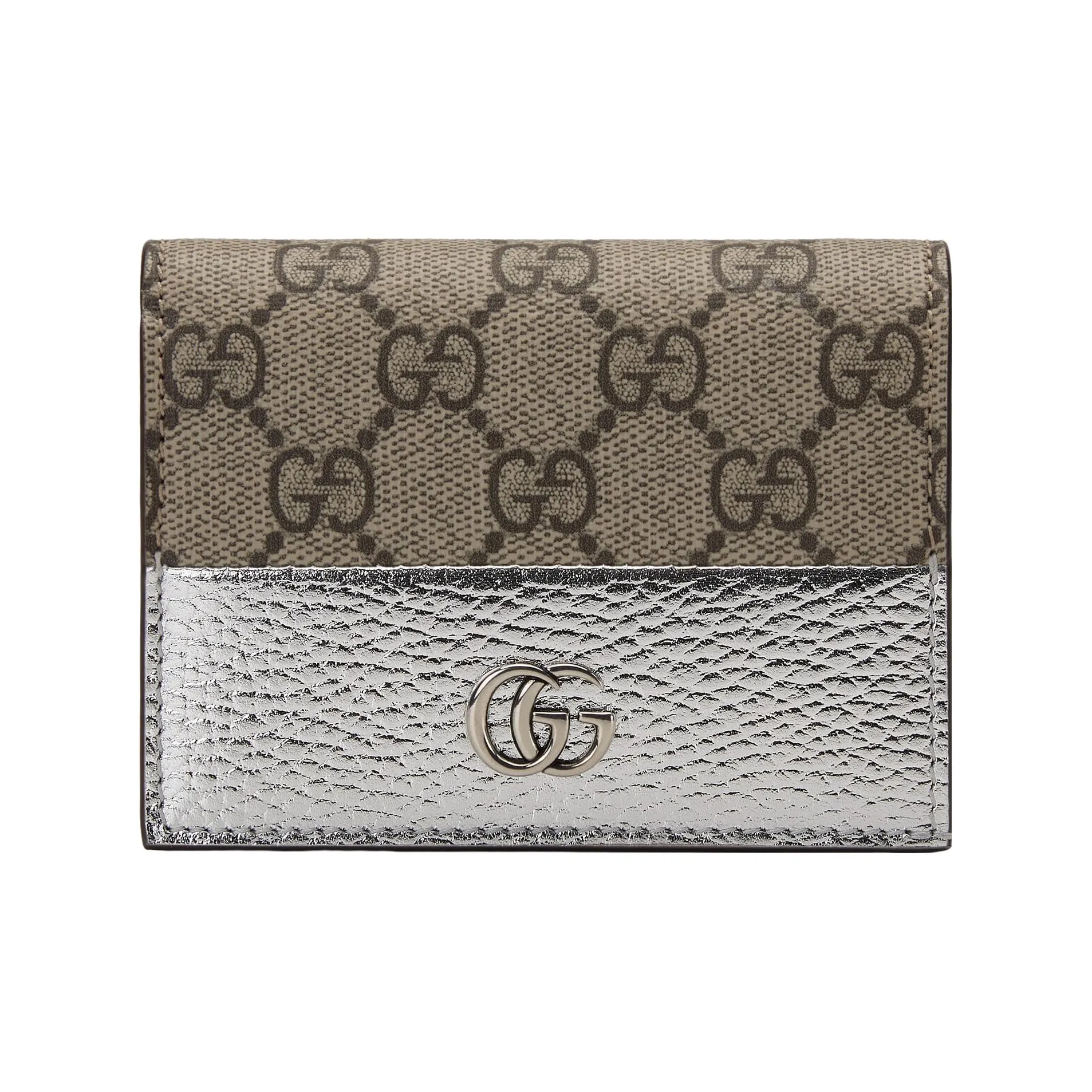 GUCCI GG Marmont Canvas With Leather Card Holder Regular Women's Silver & Brown