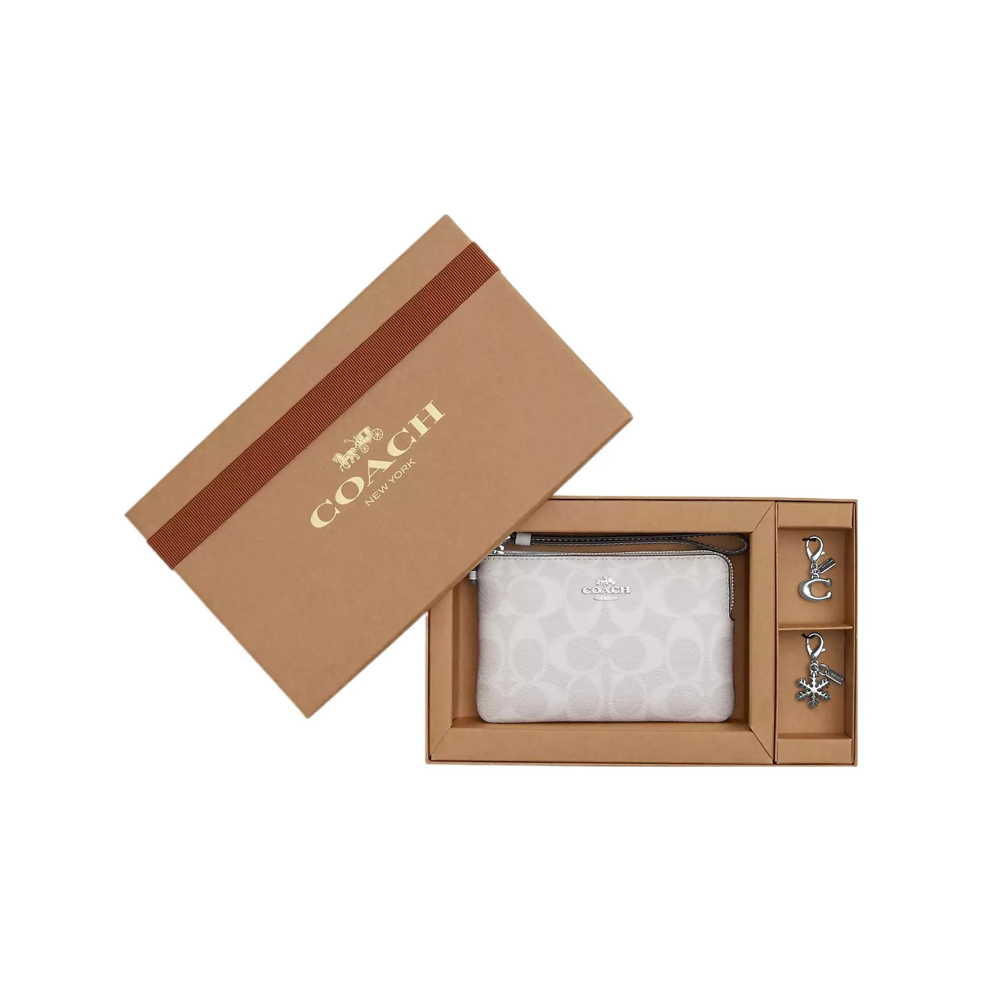 COACH Corner Zip Canvas With Leather Wallet Clutch Wrist Bag Trumpets Women's Silver & Chalk