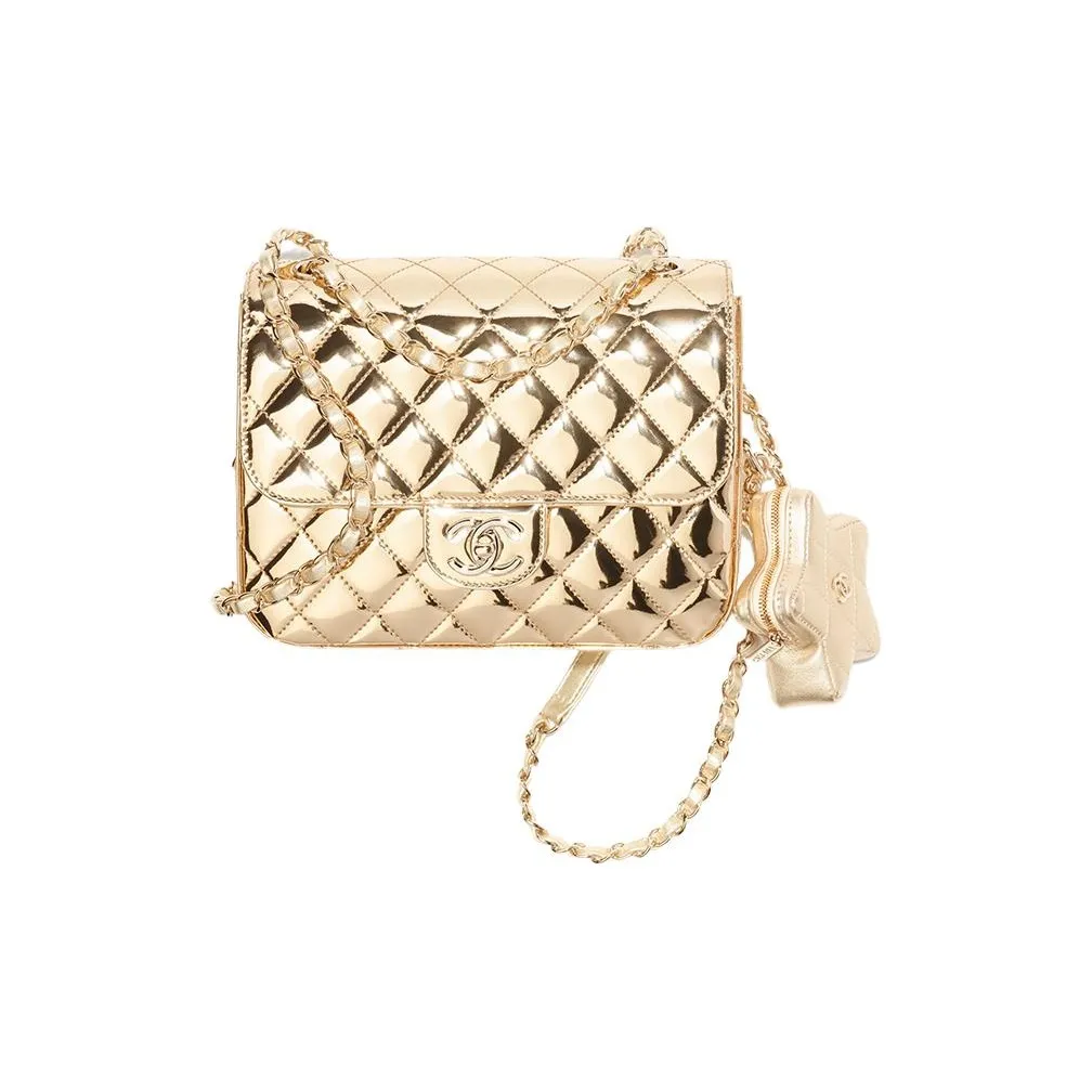 CHANEL Metal Texture Mirror Finish Calfskin Coin Purse Backpack Women's Gold