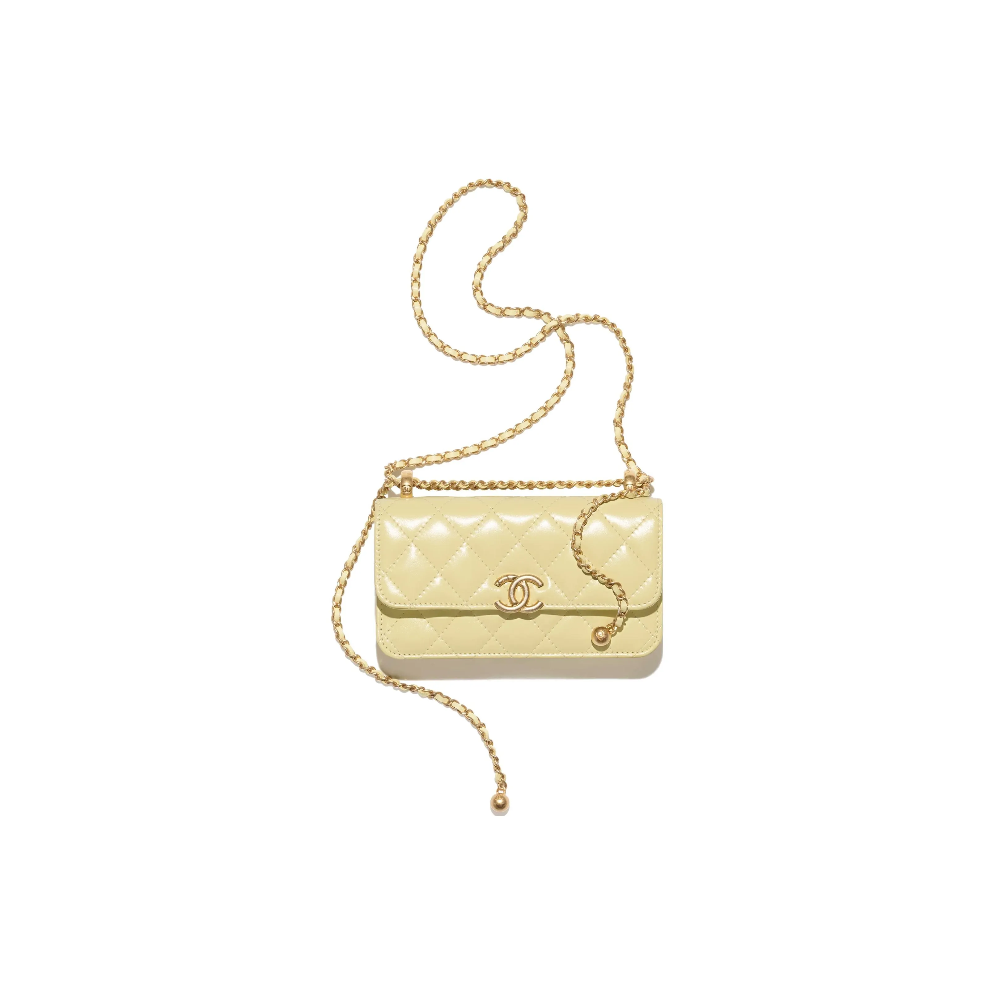 CHANEL Shiny Calfskin Flap Bag, One Shoulder Crossbody, Cell Phone Pouch Women's Yellow