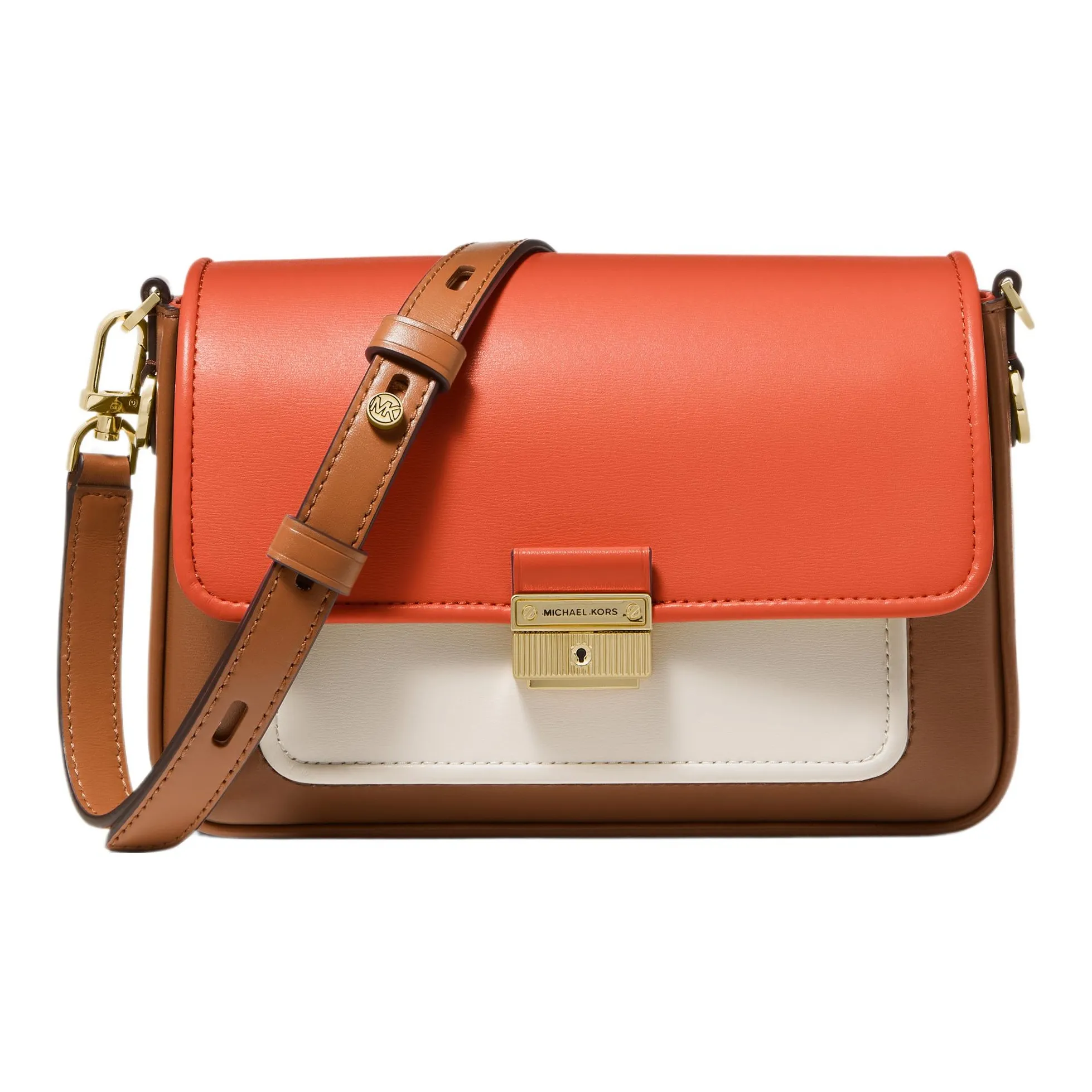 MICHAEL KORS Leather Shoulder Bag, Crossbody Bag Medium Size Women's Orange Red & Acorn Brown & Milk White